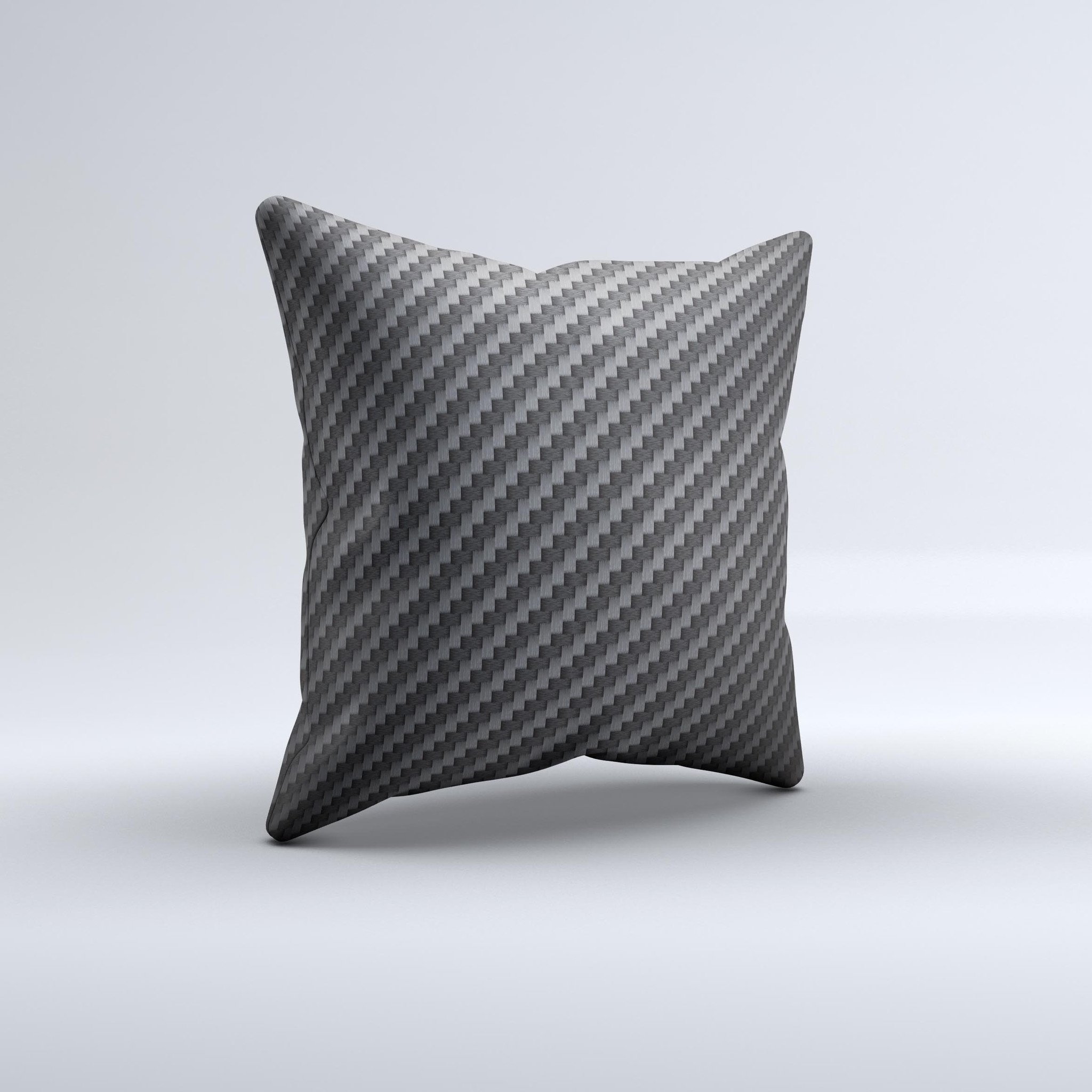 A decorative throw pillow featuring a carbon fiber texture design, showcasing its unique handmade quality and high thread count fabric.
