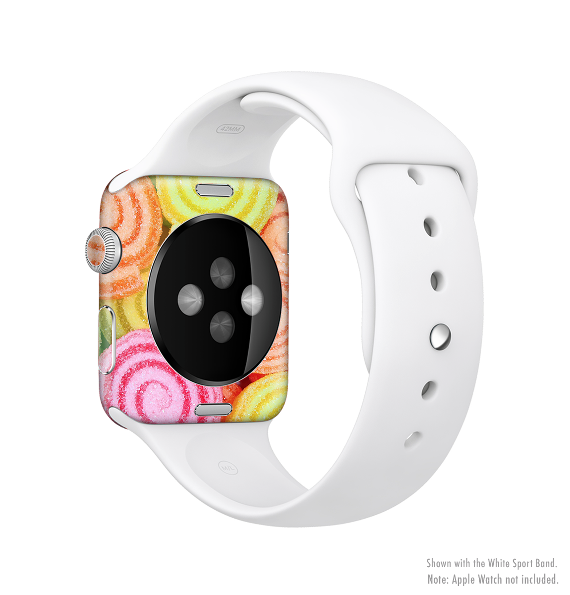 Colorful Candy Swirls Full-Body Skin Kit for Apple Watch, showcasing vibrant swirls on a sleek vinyl surface.