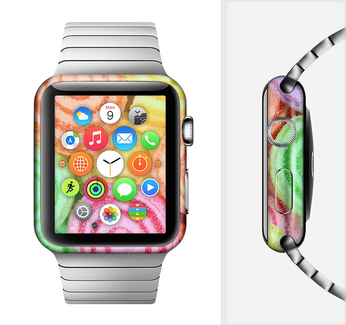Colorful Candy Swirls Full-Body Skin Kit for Apple Watch, showcasing vibrant swirls on a sleek vinyl surface.