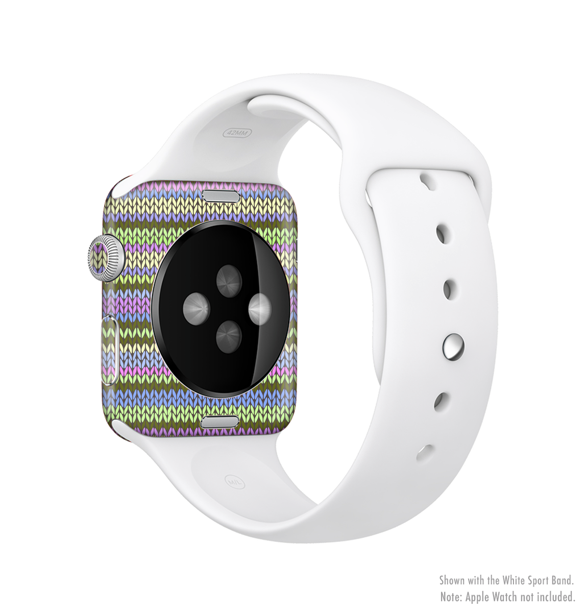 Colorful Knit Pattern Full-Body Skin Kit for Apple Watch, showcasing vibrant design and premium vinyl material.