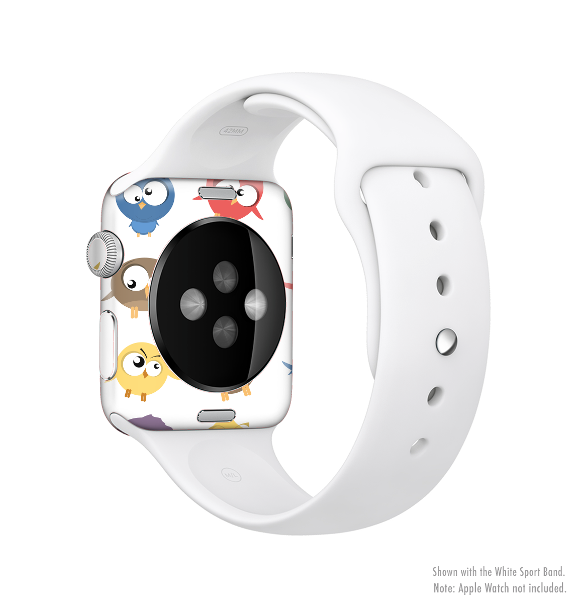 The Crazy Birds Full-Body Skin Kit for Apple Watch featuring vibrant designs and premium vinyl material for protection and style.