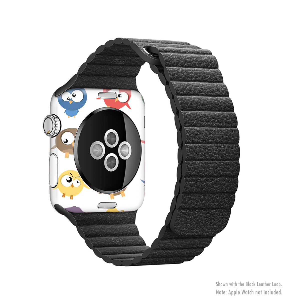 The Crazy Birds Full-Body Skin Kit for Apple Watch featuring vibrant designs and premium vinyl material for protection and style.