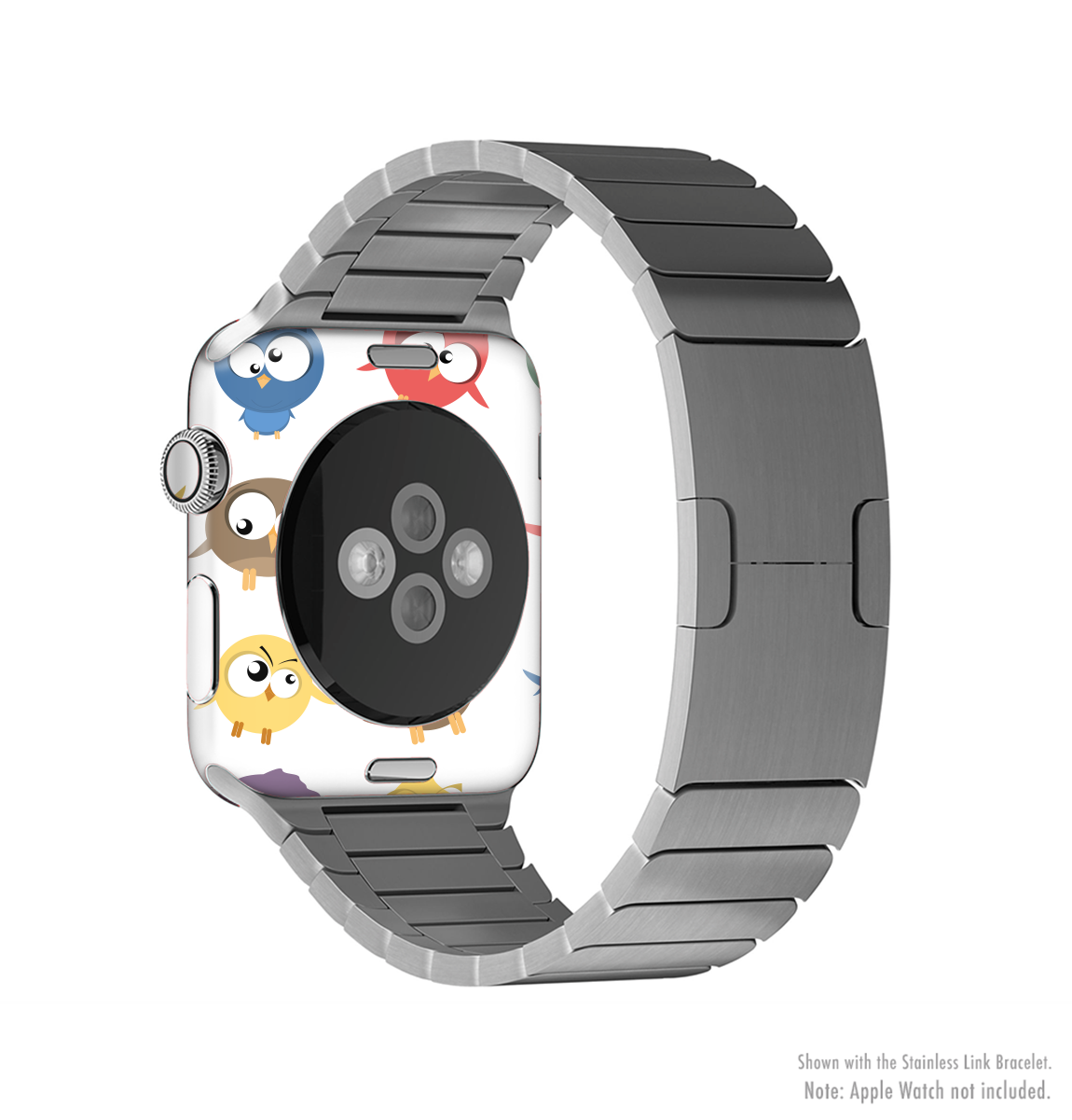 The Crazy Birds Full-Body Skin Kit for Apple Watch featuring vibrant designs and premium vinyl material for protection and style.