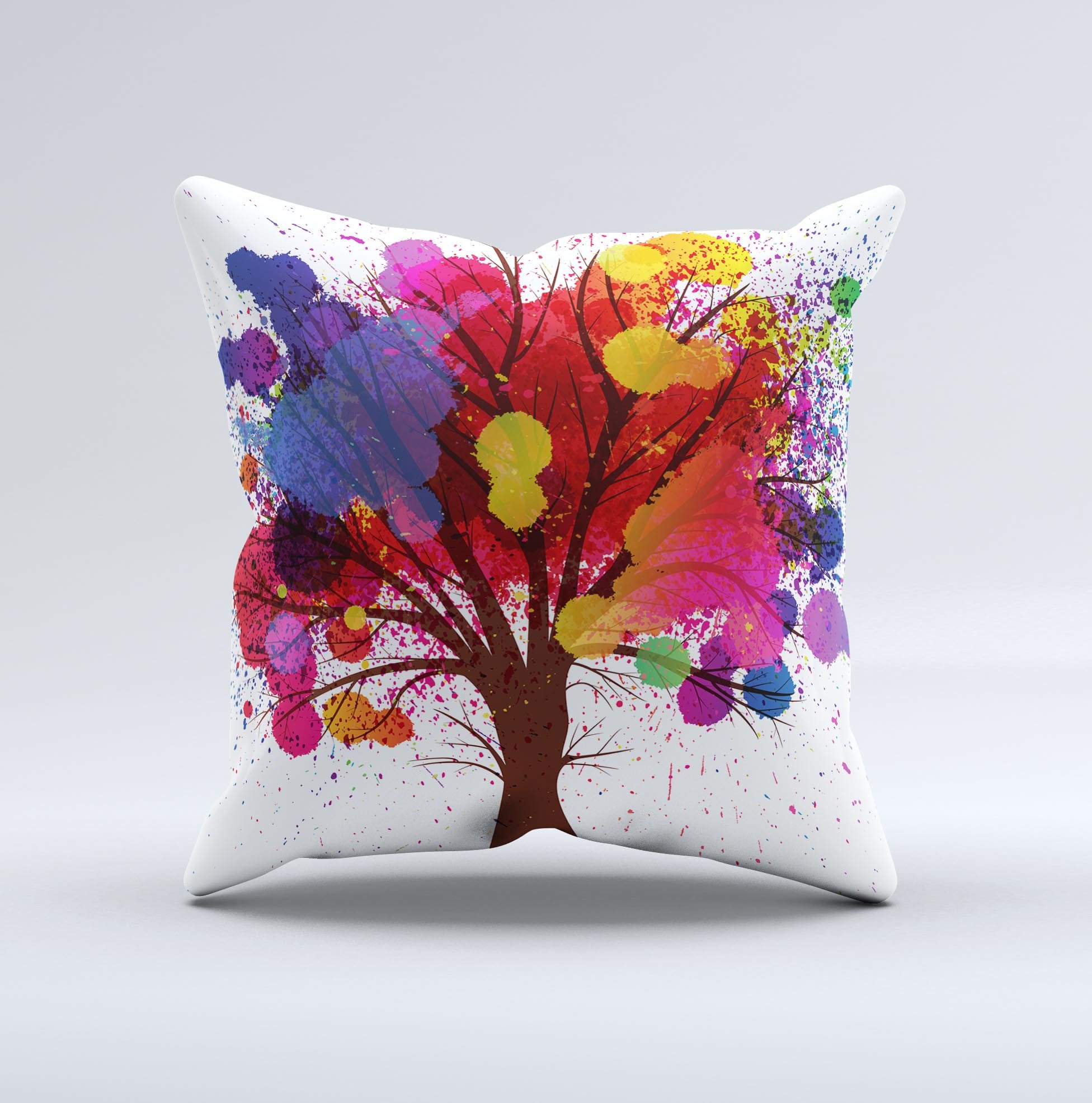 A vibrant Crazy Splatter Tree ink-Fuzed Decorative Throw Pillow featuring a unique splatter design, handmade in Virginia.
