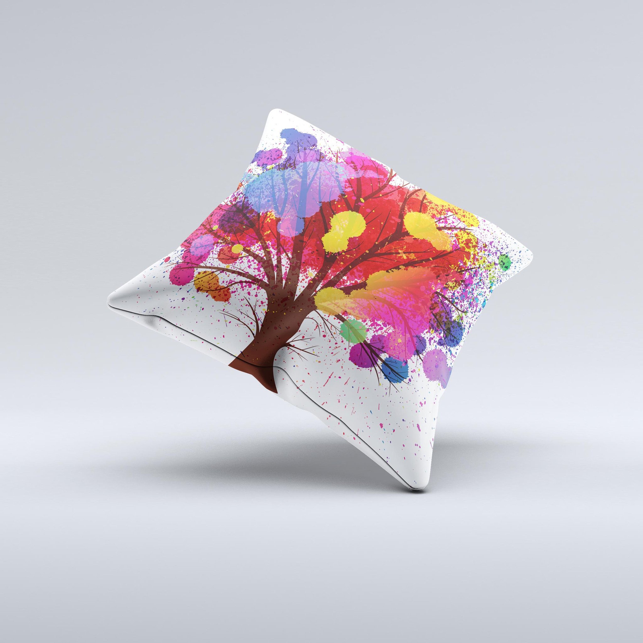 A vibrant Crazy Splatter Tree ink-Fuzed Decorative Throw Pillow featuring a unique splatter design, handmade in Virginia.