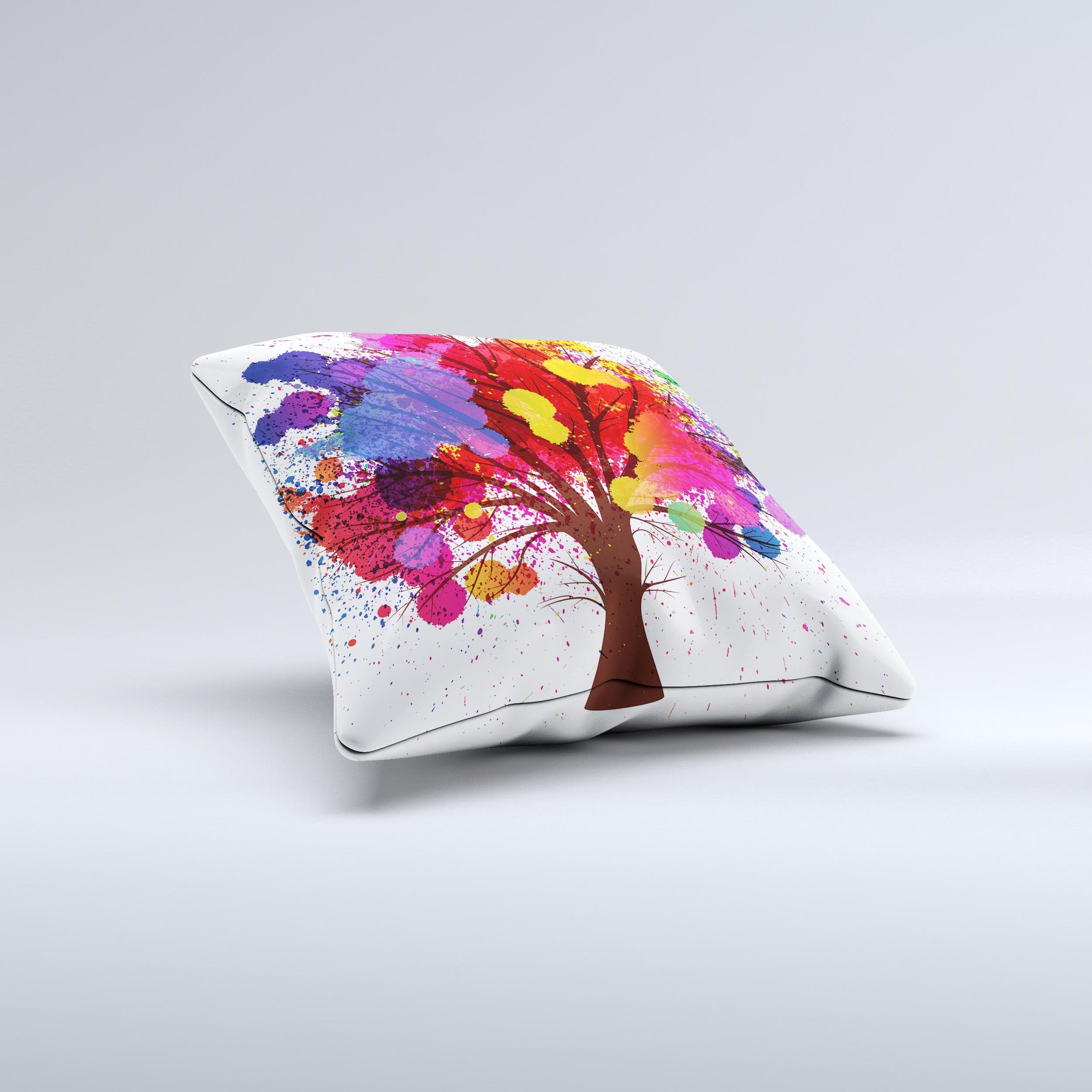 A vibrant Crazy Splatter Tree ink-Fuzed Decorative Throw Pillow featuring a unique splatter design, handmade in Virginia.