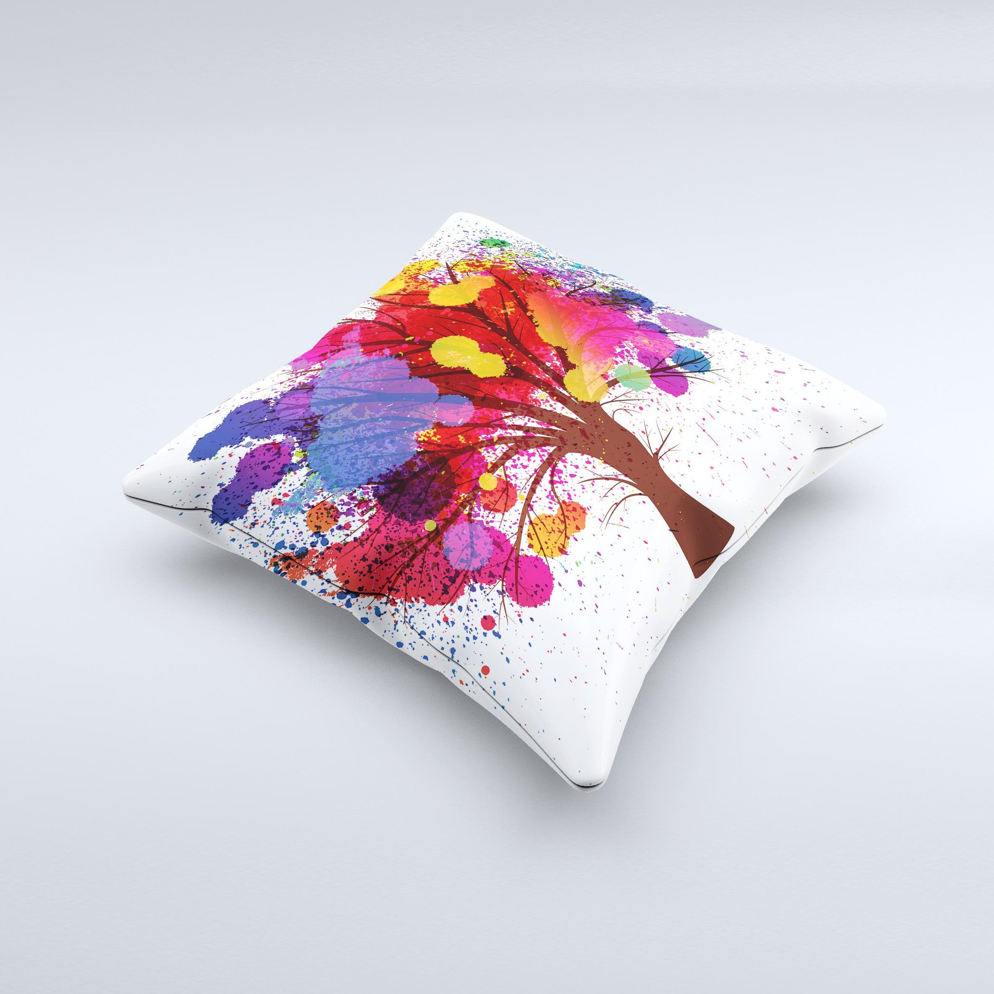 A vibrant Crazy Splatter Tree ink-Fuzed Decorative Throw Pillow featuring a unique splatter design, handmade in Virginia.