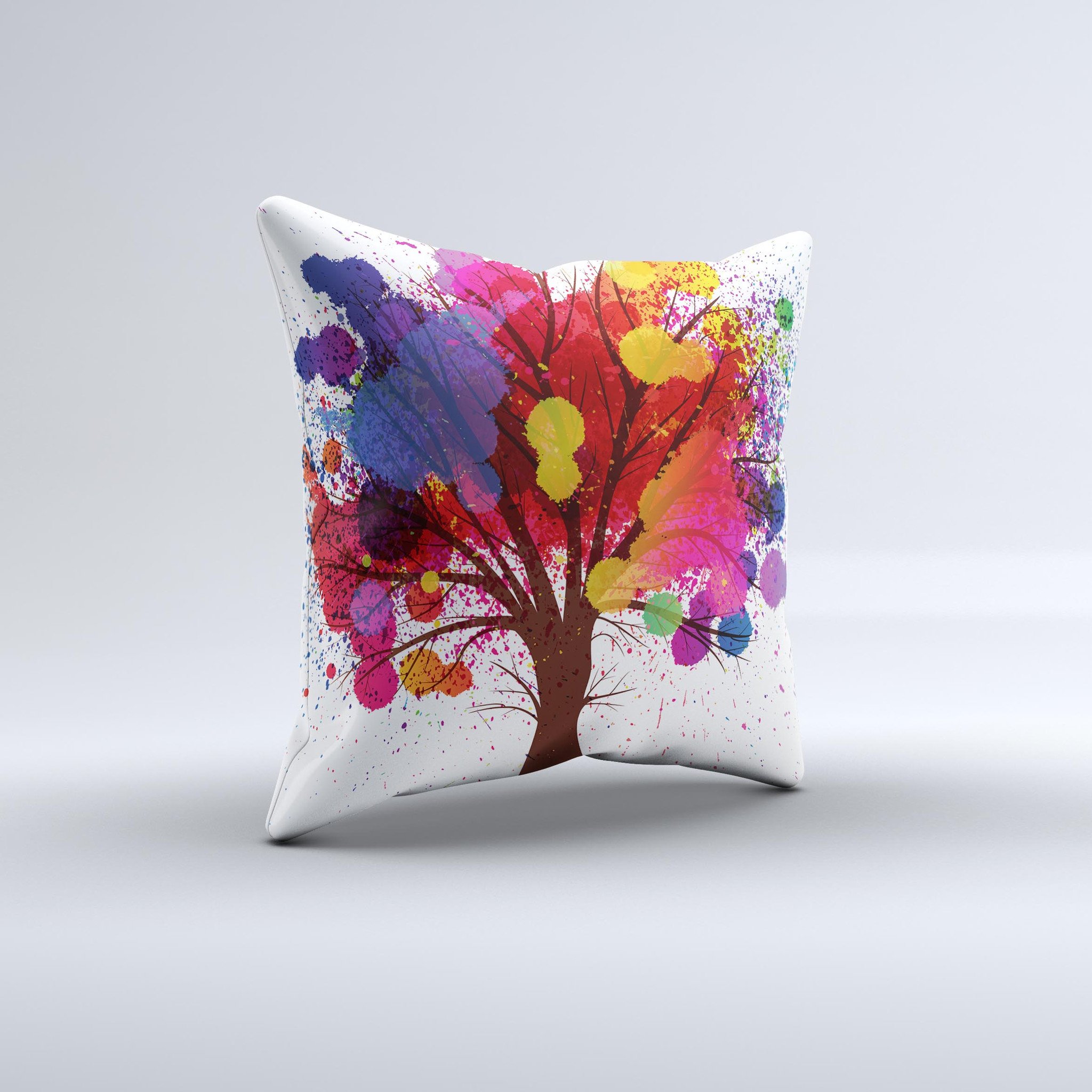 A vibrant Crazy Splatter Tree ink-Fuzed Decorative Throw Pillow featuring a unique splatter design, handmade in Virginia.