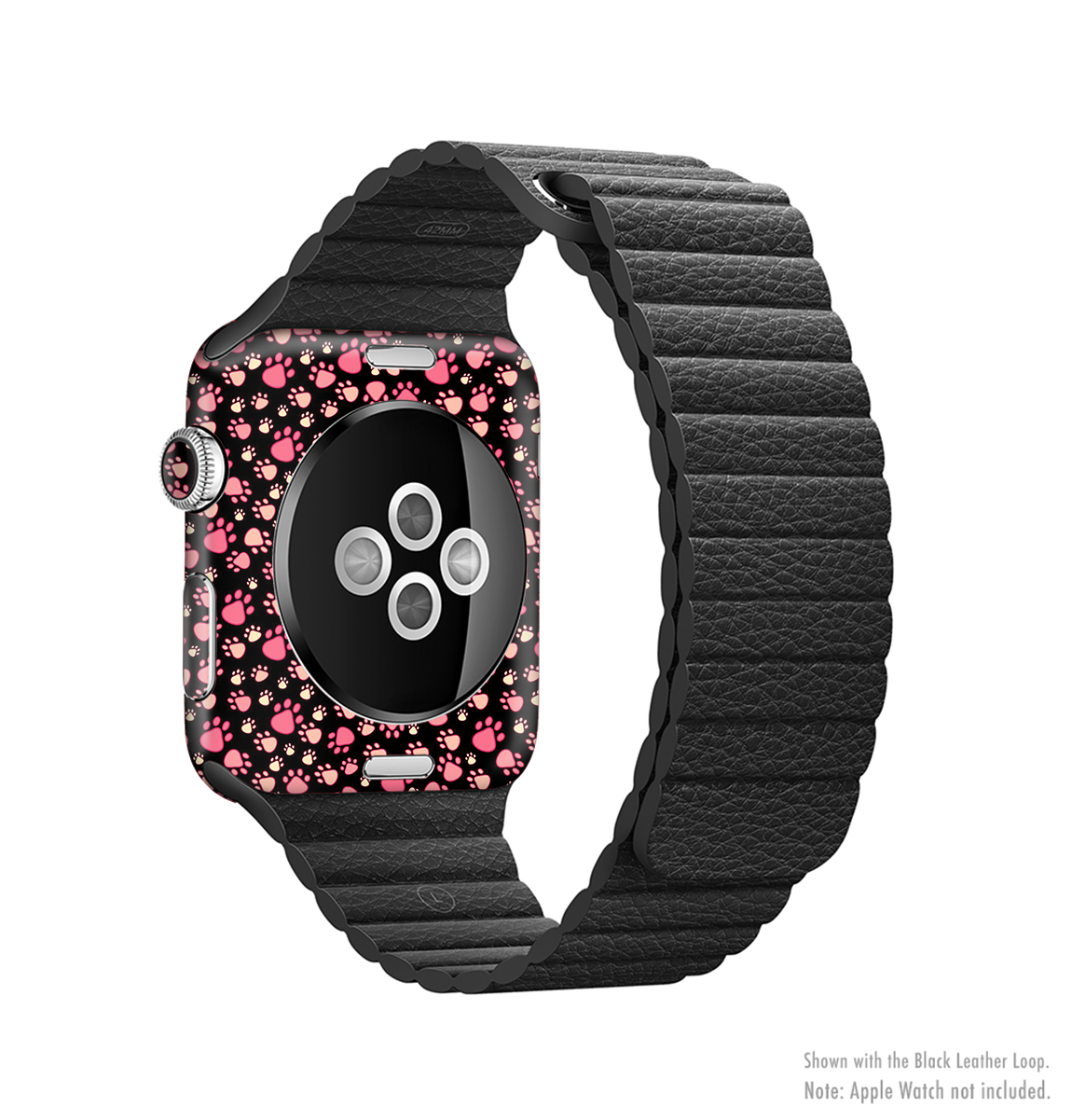 The Cut Pink Paw Prints Full-Body Skin Kit for Apple Watch featuring a vibrant pink paw print design on a sleek vinyl surface.