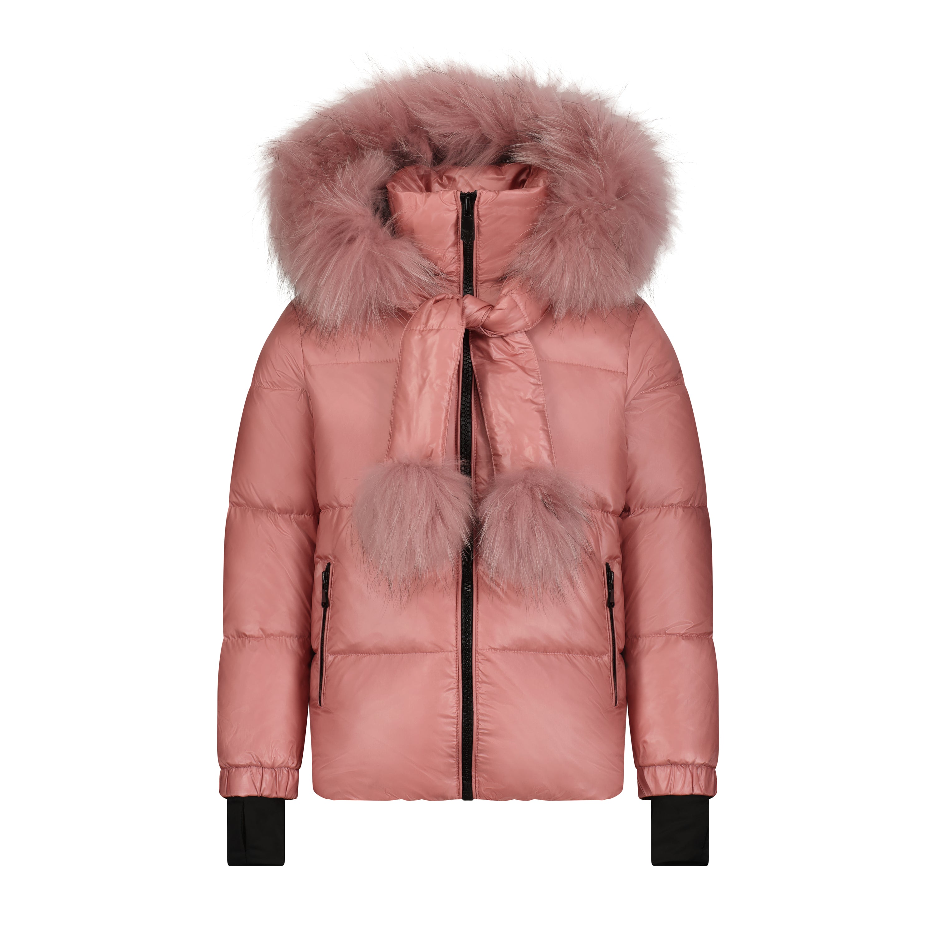 The Daphna scarf featuring playful pink pom poms, draped elegantly, showcasing its luxurious design and warm materials.