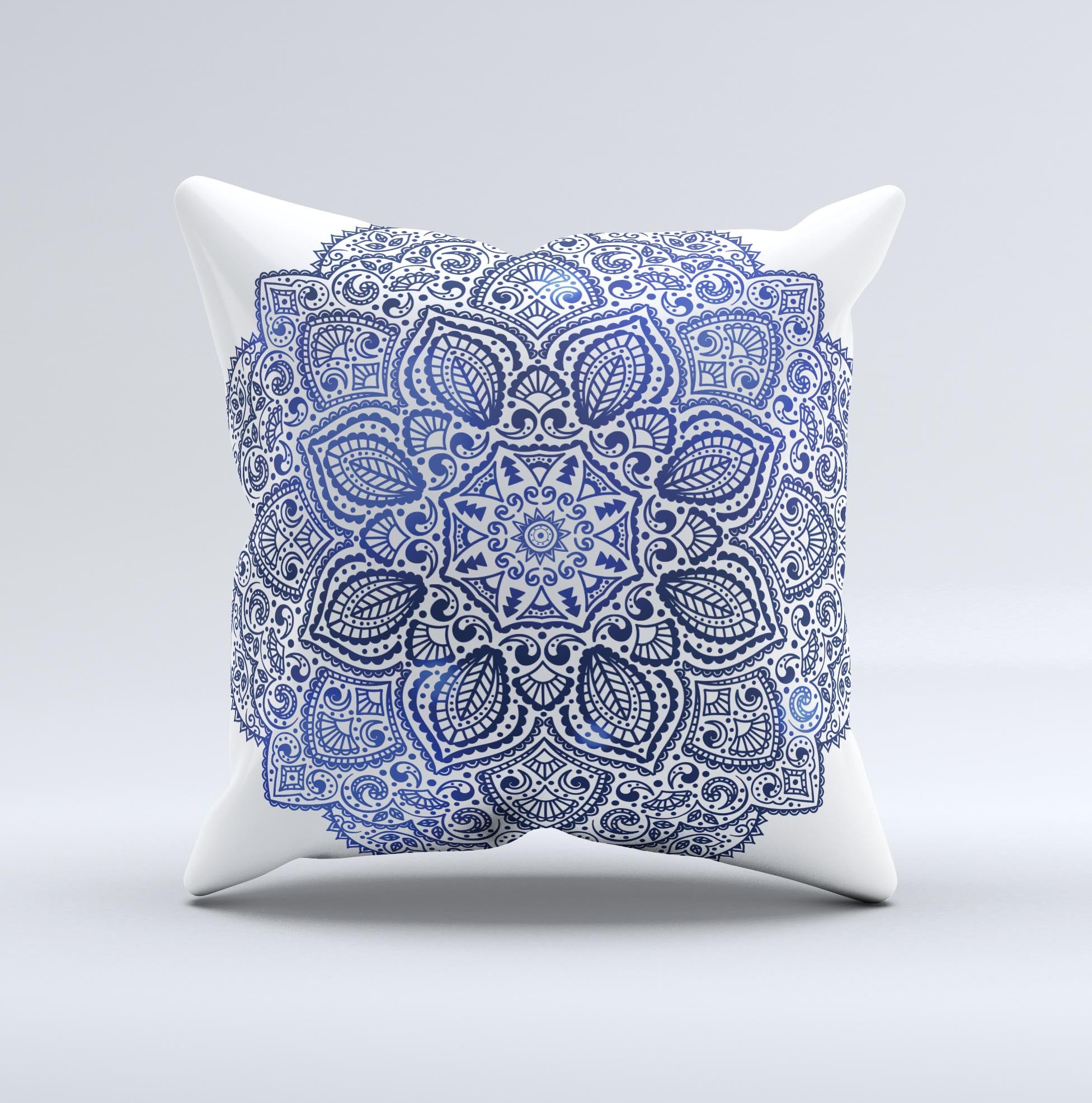 A handcrafted dark blue decorative throw pillow featuring intricate Indian ornament designs, made in Virginia with high-quality materials.