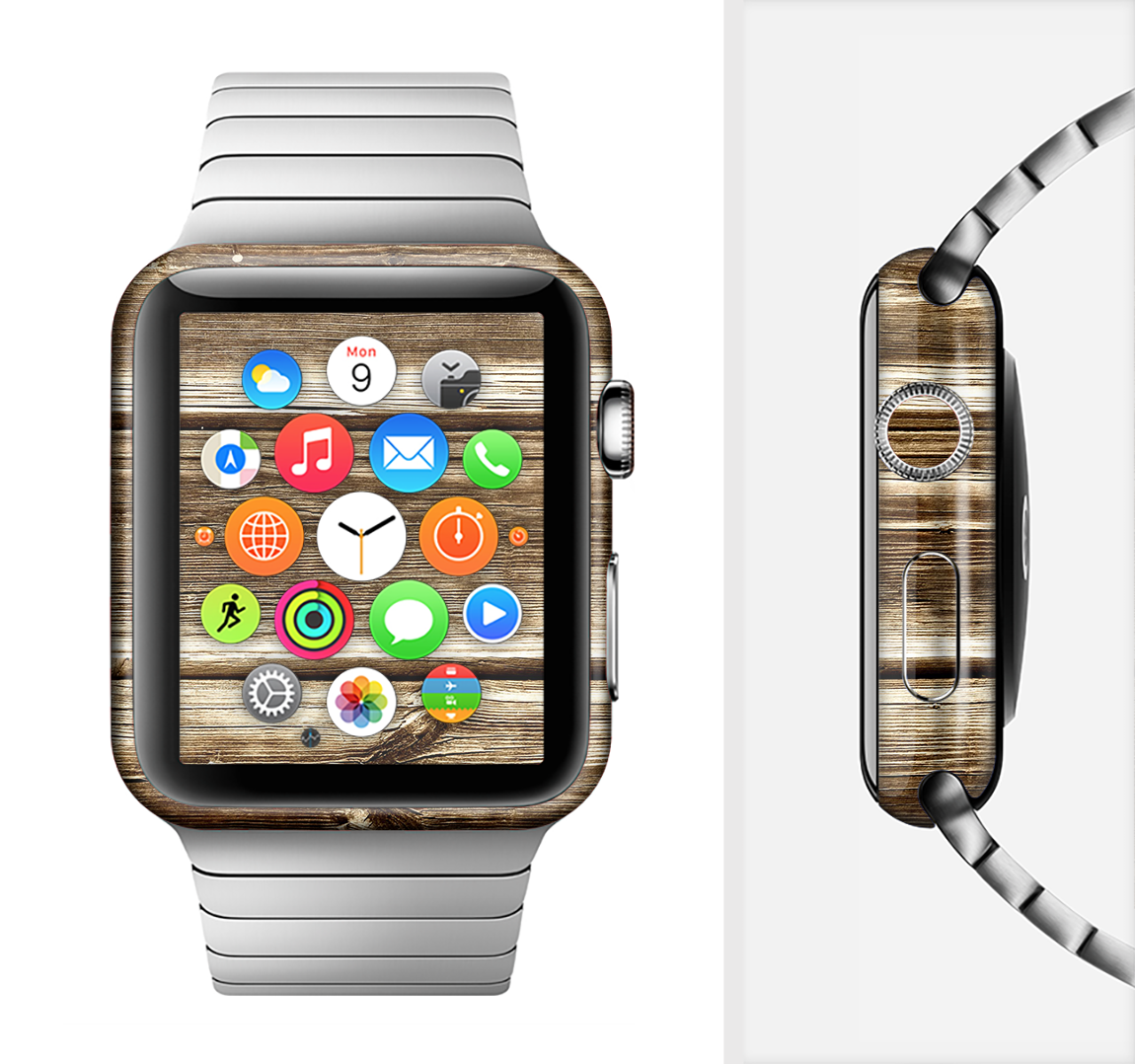 Dark Highlighted Old Wood Full-Body Skin Kit for Apple Watch, showcasing its premium vinyl texture and stylish design.