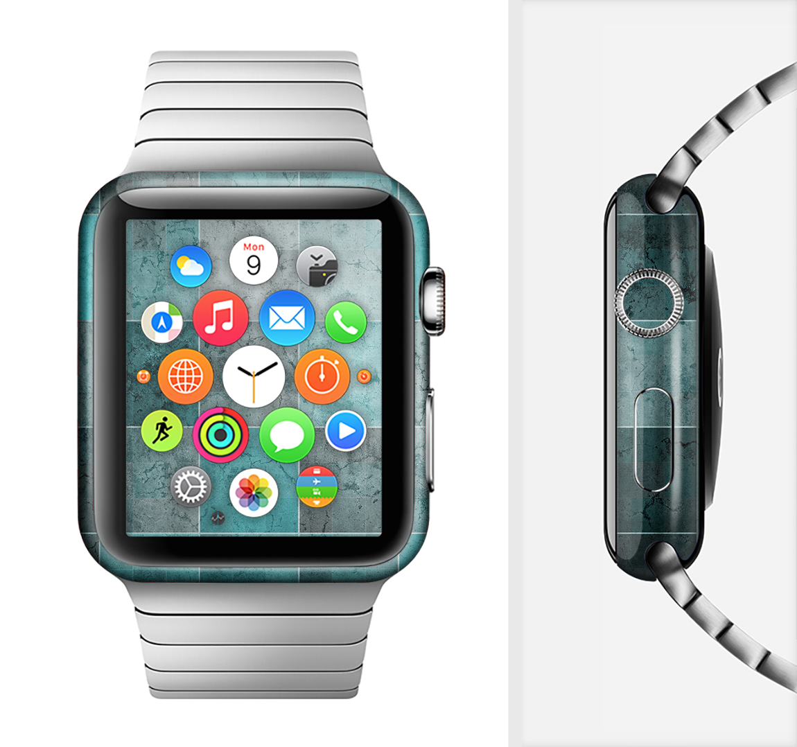 Dark teal tiled pattern full-body skin kit for Apple Watch, showcasing its stylish design and premium vinyl material.