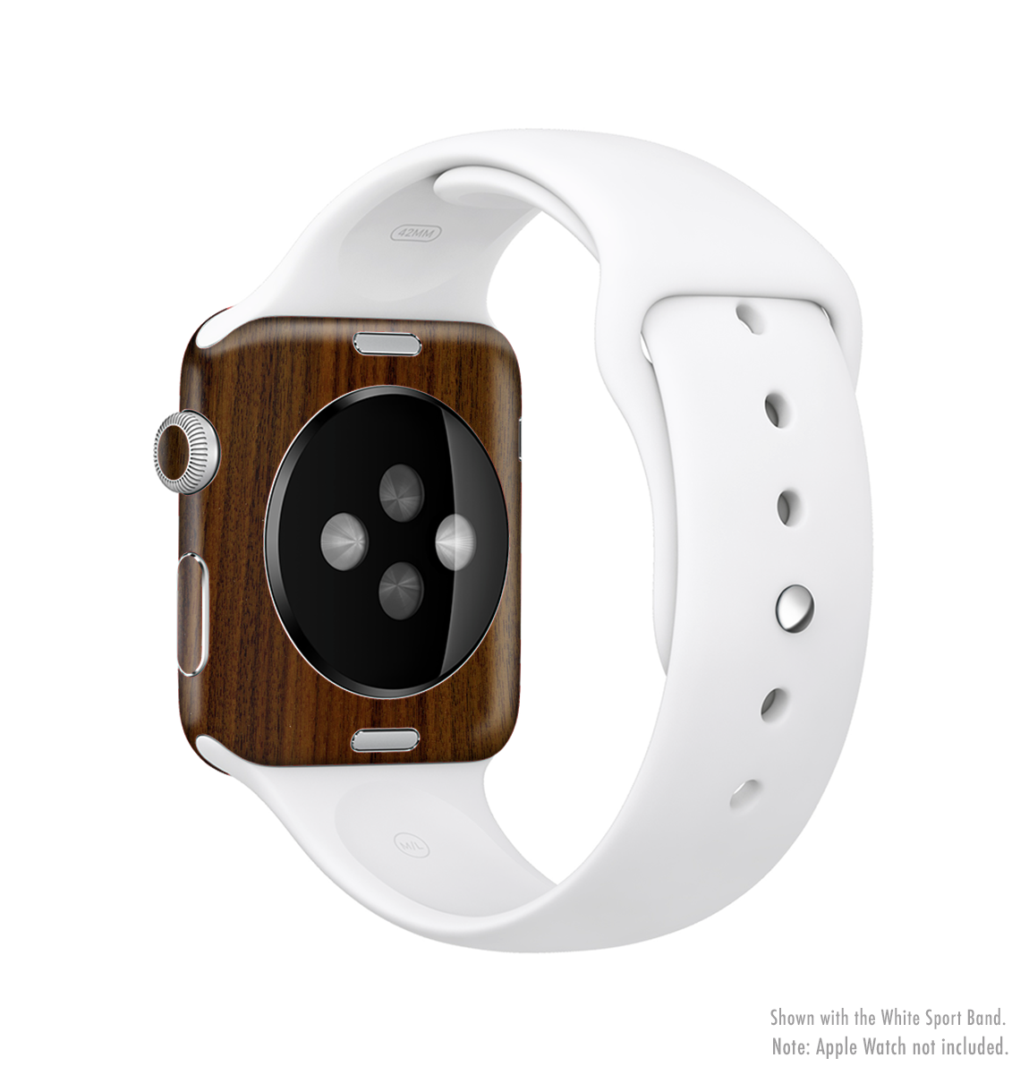 Dark Walnut Wood Full-Body Skin Kit for Apple Watch, showcasing a sleek design and premium vinyl material.