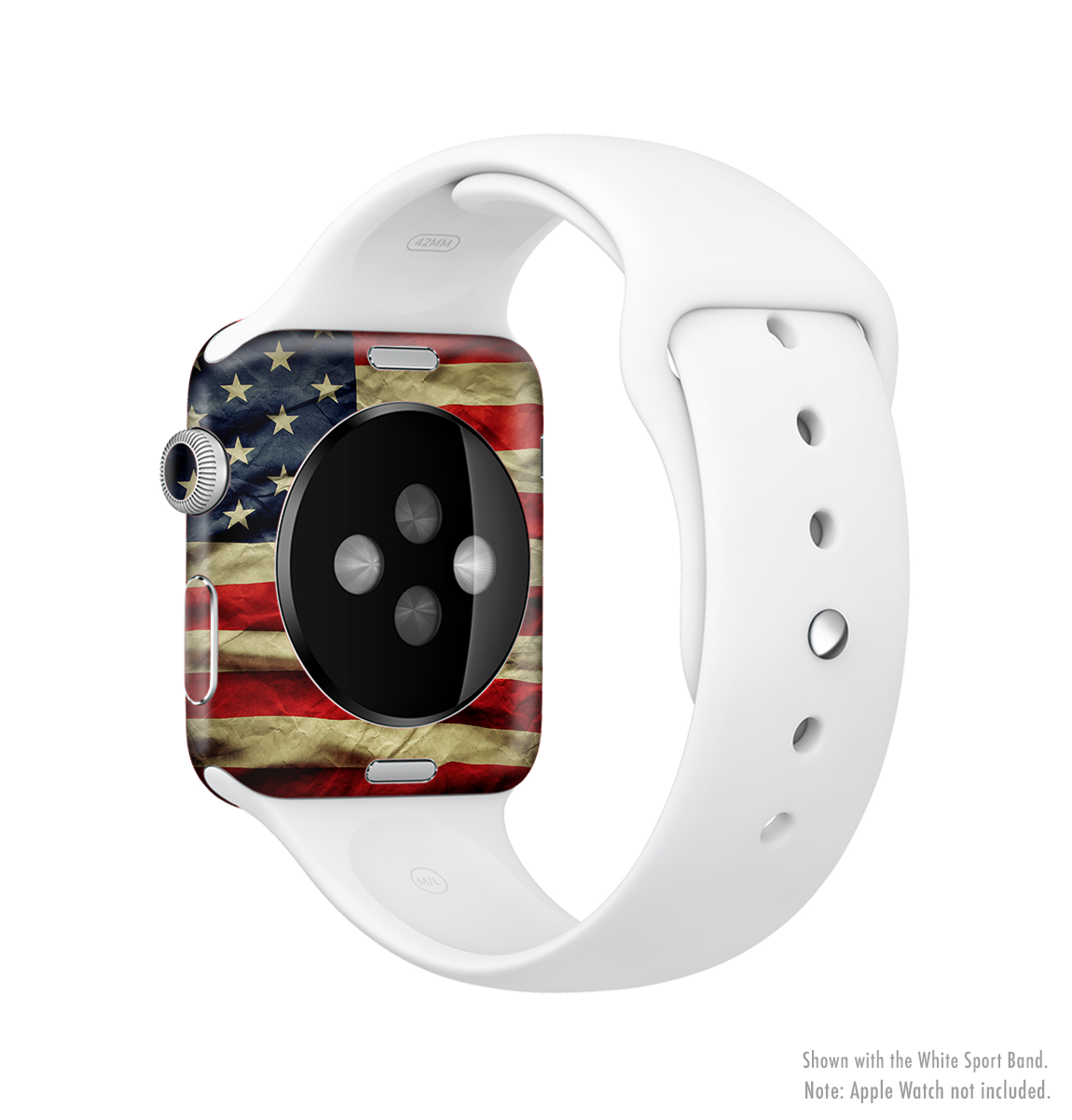 The Dark Wrinkled American Flag Full-Body Skin Kit for Apple Watch, showcasing a textured design that adds style and protection.