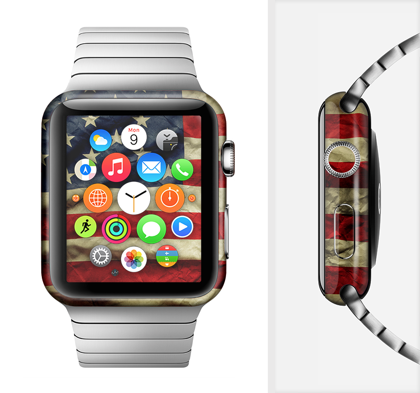 The Dark Wrinkled American Flag Full-Body Skin Kit for Apple Watch, showcasing a textured design that adds style and protection.