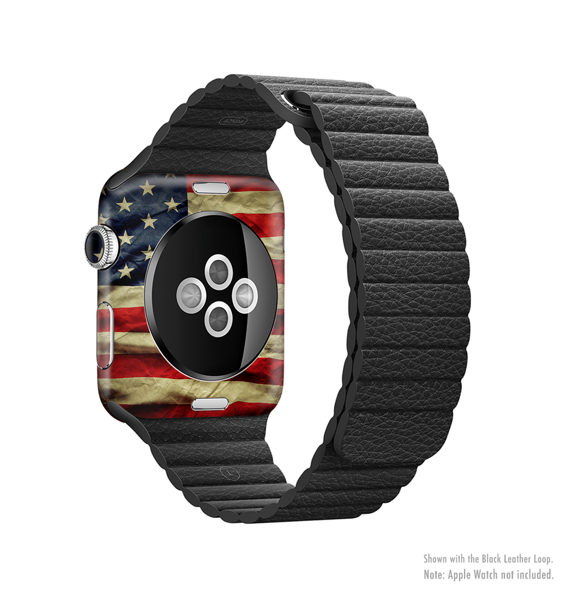 The Dark Wrinkled American Flag Full-Body Skin Kit for Apple Watch, showcasing a textured design that adds style and protection.