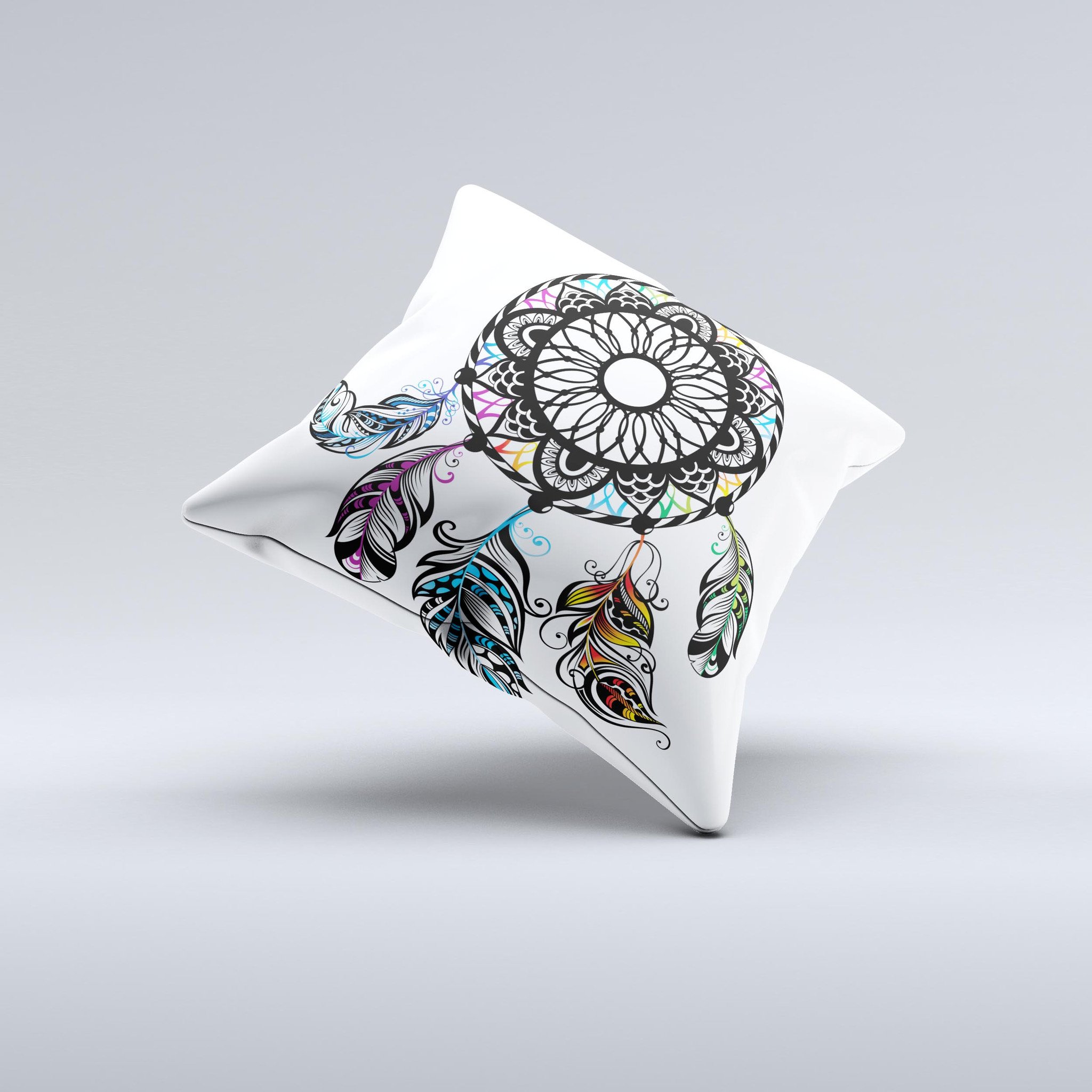 Fancy Dreamcatcher ink-Fuzed Decorative Throw Pillow featuring a unique design, high thread count fabric, and soft polyester filling.