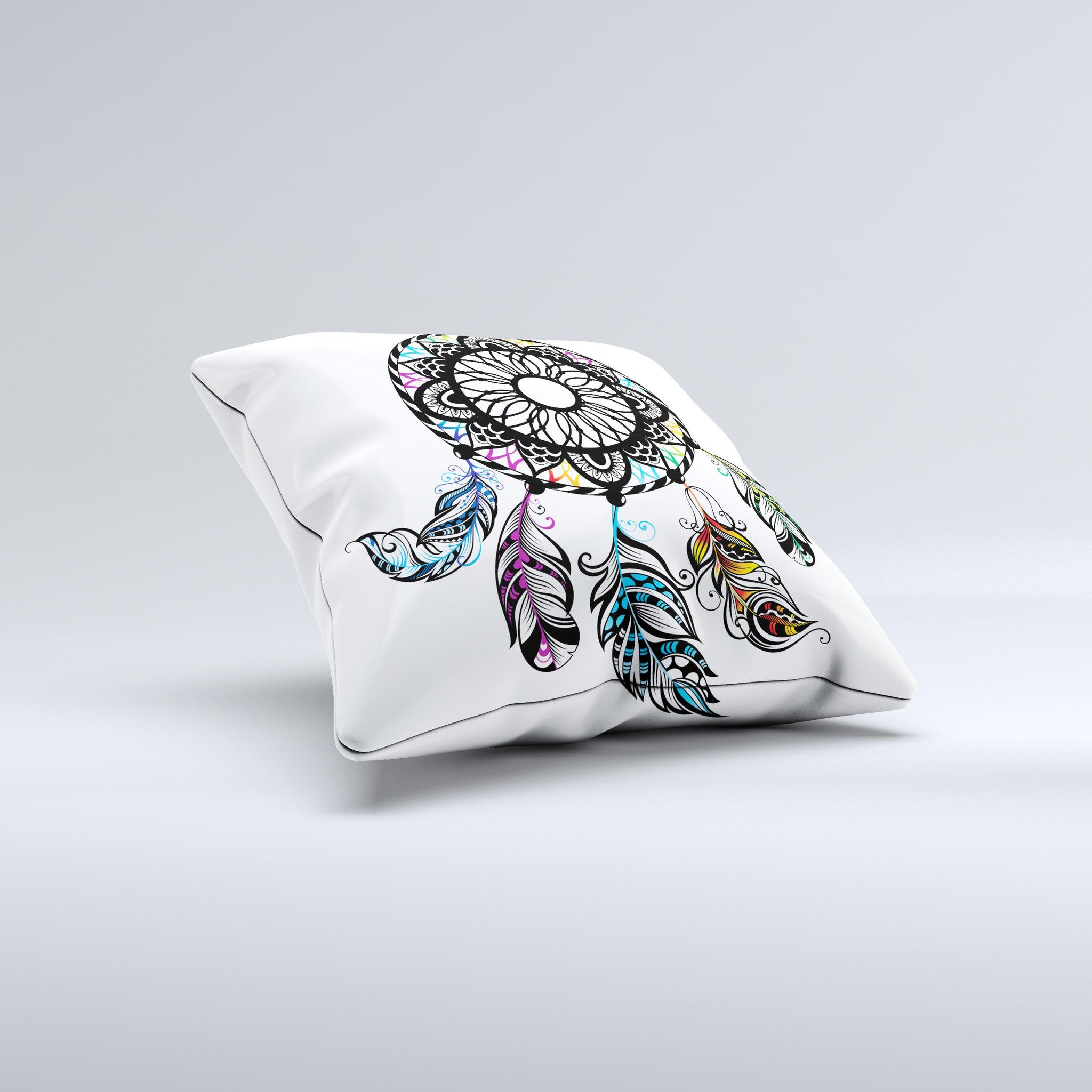 Fancy Dreamcatcher ink-Fuzed Decorative Throw Pillow featuring a unique design, high thread count fabric, and soft polyester filling.