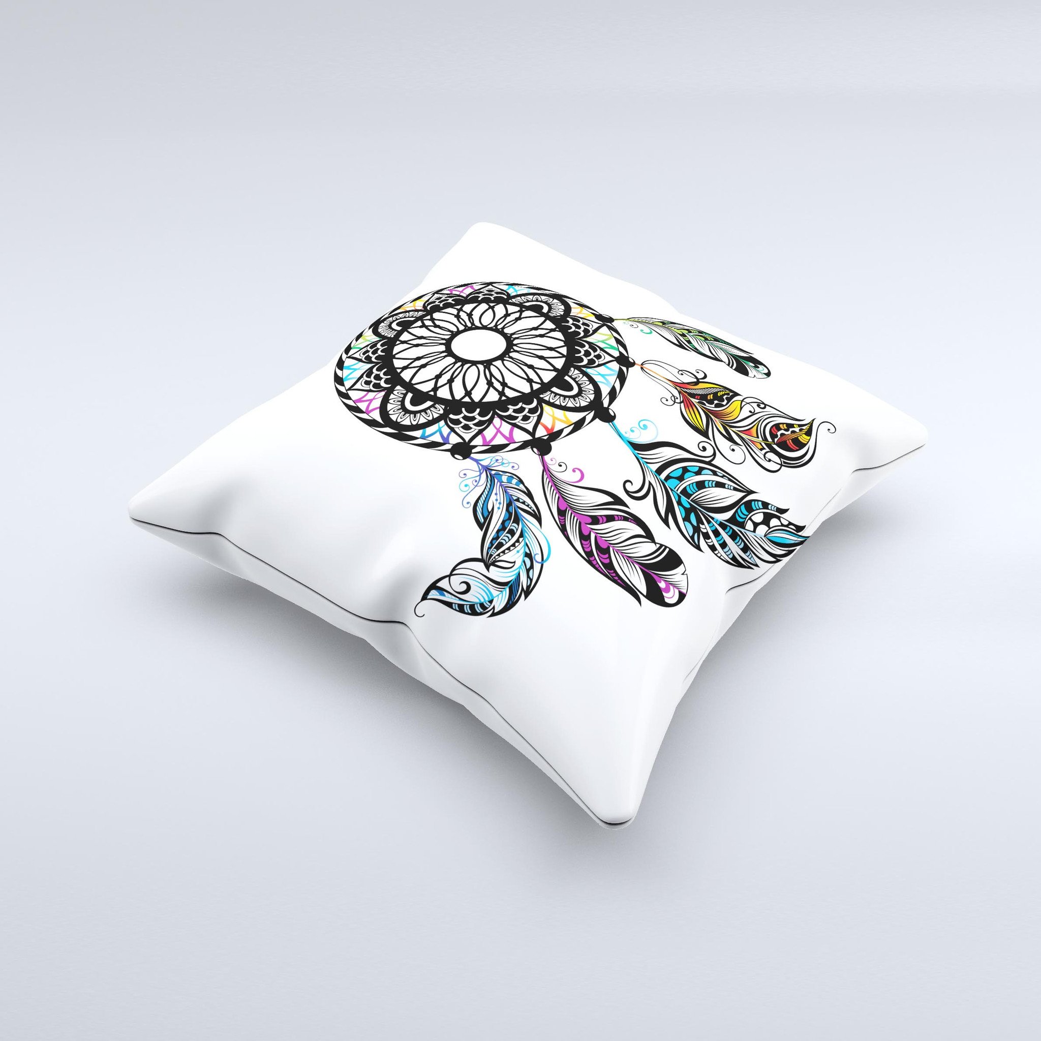 Fancy Dreamcatcher ink-Fuzed Decorative Throw Pillow featuring a unique design, high thread count fabric, and soft polyester filling.