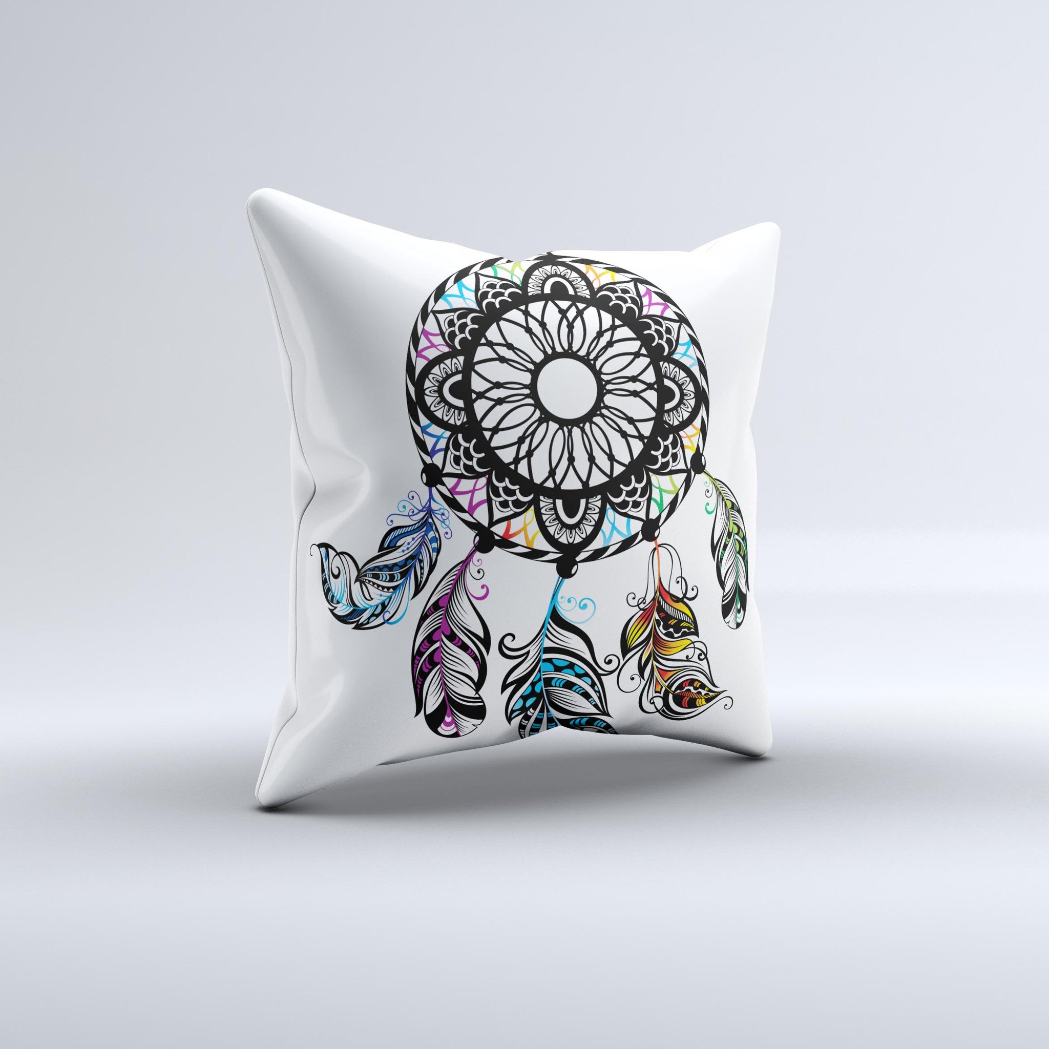 Fancy Dreamcatcher ink-Fuzed Decorative Throw Pillow featuring a unique design, high thread count fabric, and soft polyester filling.