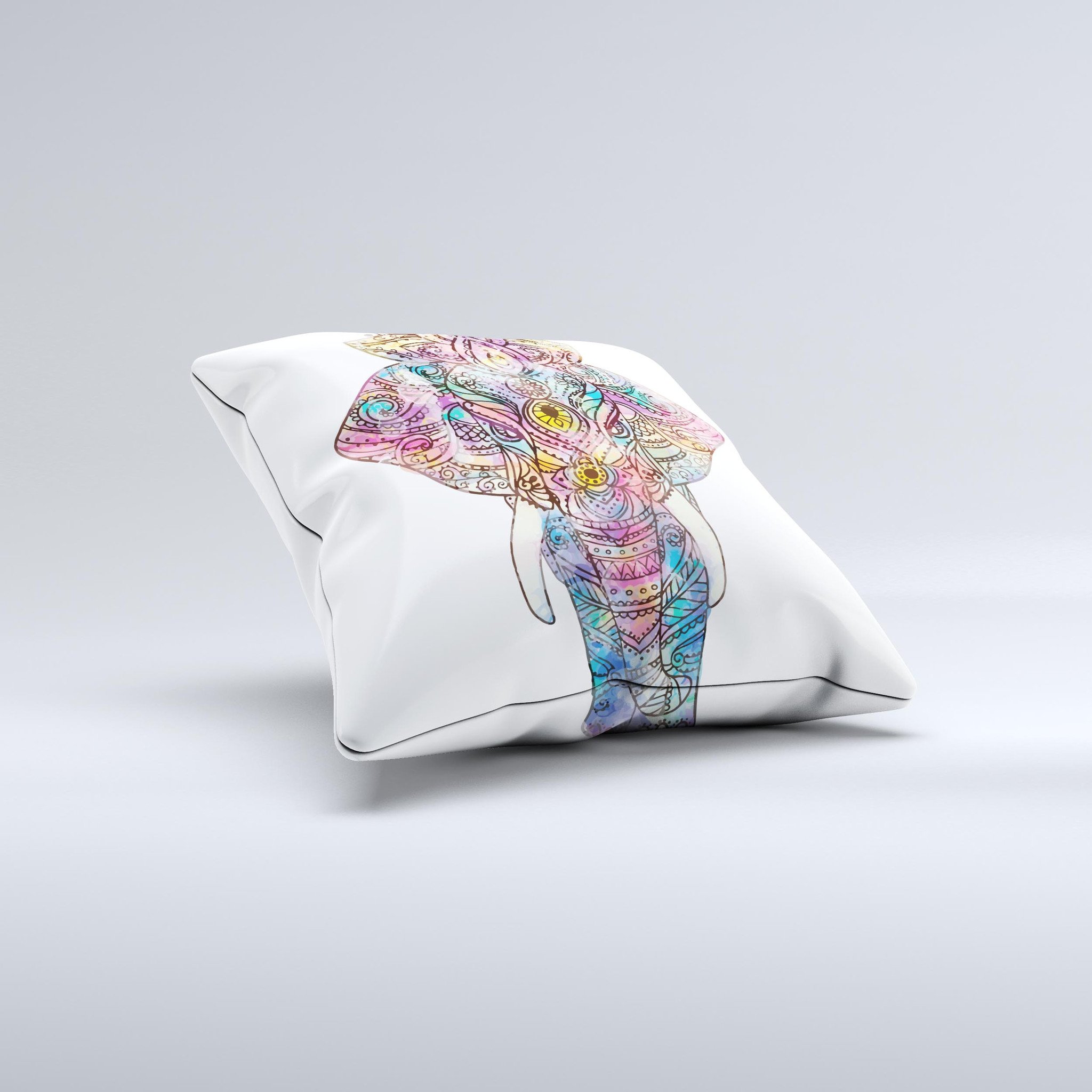 Flourished Sacred Elephant ink-Fuzed Decorative Throw Pillow showcasing intricate design and vibrant colors, perfect for home decor.