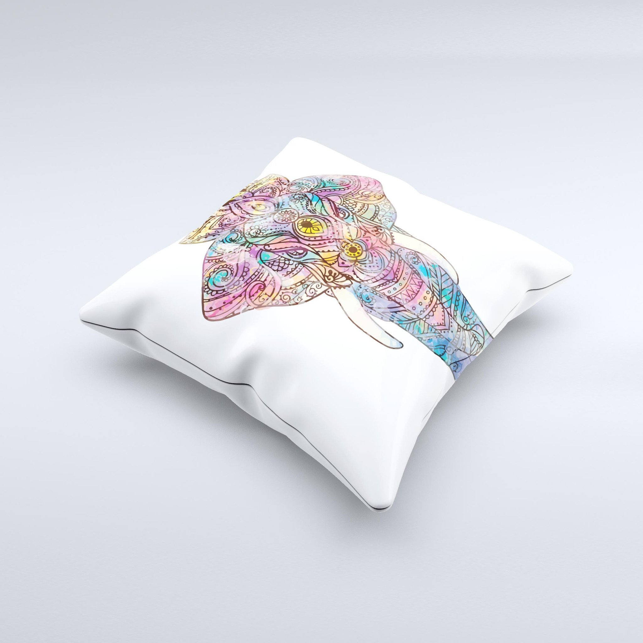 Flourished Sacred Elephant ink-Fuzed Decorative Throw Pillow showcasing intricate design and vibrant colors, perfect for home decor.