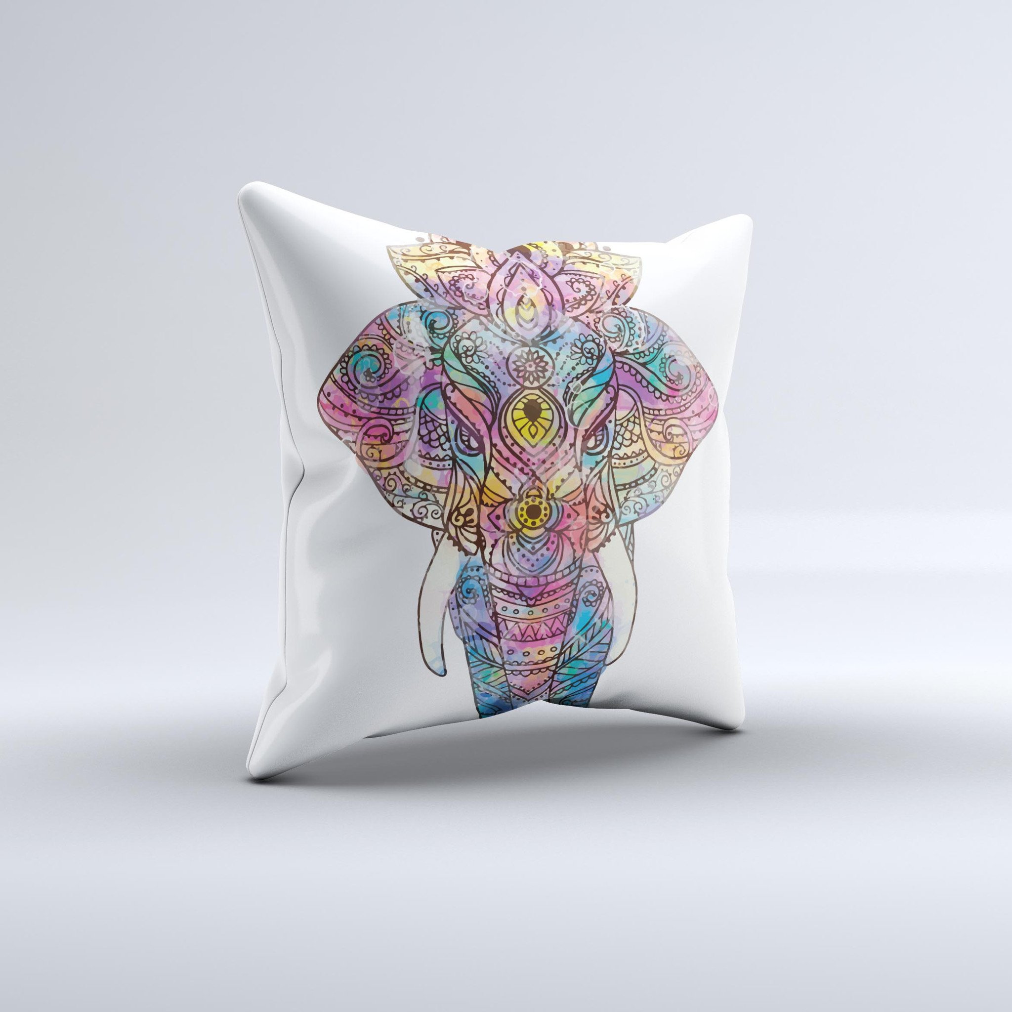 Flourished Sacred Elephant ink-Fuzed Decorative Throw Pillow showcasing intricate design and vibrant colors, perfect for home decor.