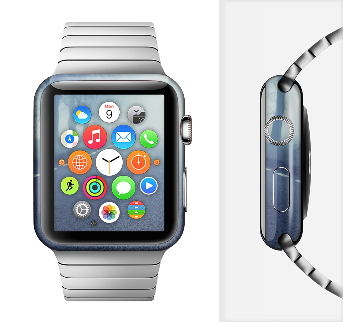 The Foggy Back Road Full-Body Skin Kit for Apple Watch showcasing its stylish design and premium vinyl material.
