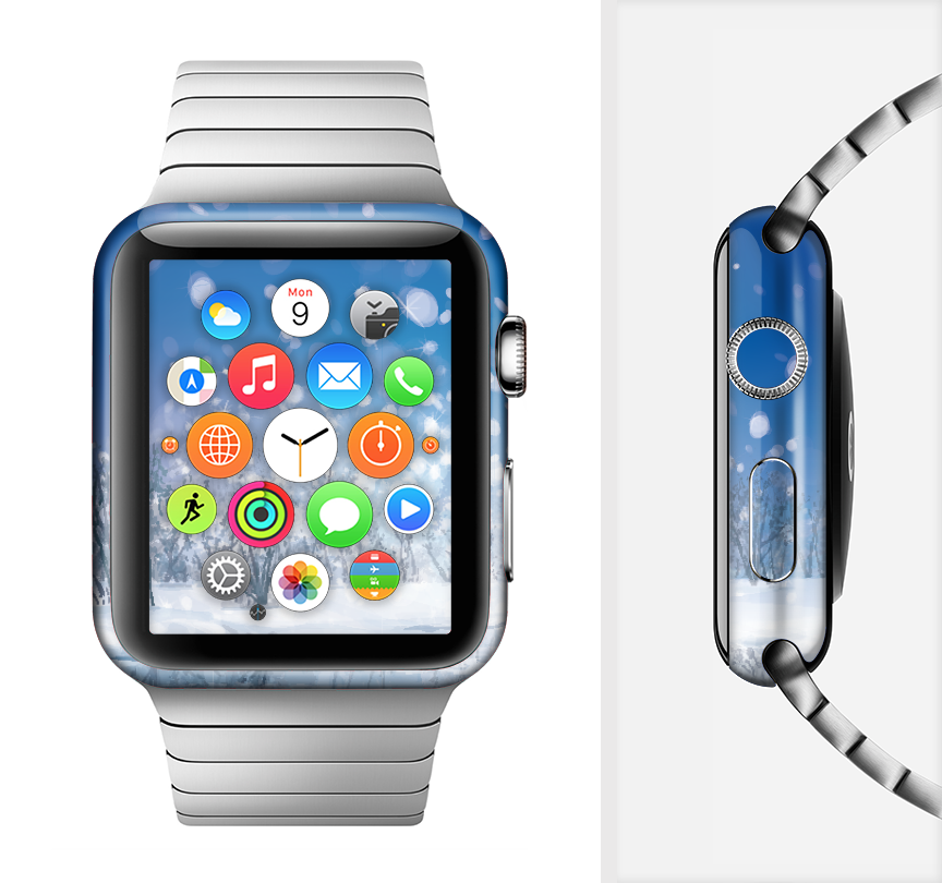 The Frozen Snowfall Pond Full-Body Skin Kit for Apple Watch showcasing a stylish design with a wrap-around fit.