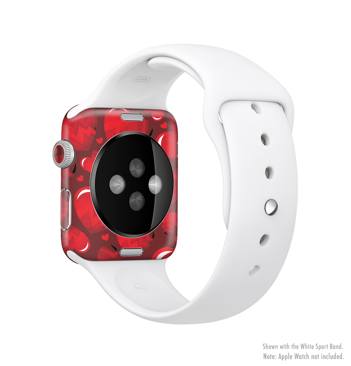 The Glossy Electric Hearts Full-Body Skin Kit for Apple Watch showcasing vibrant heart designs on a sleek vinyl surface.