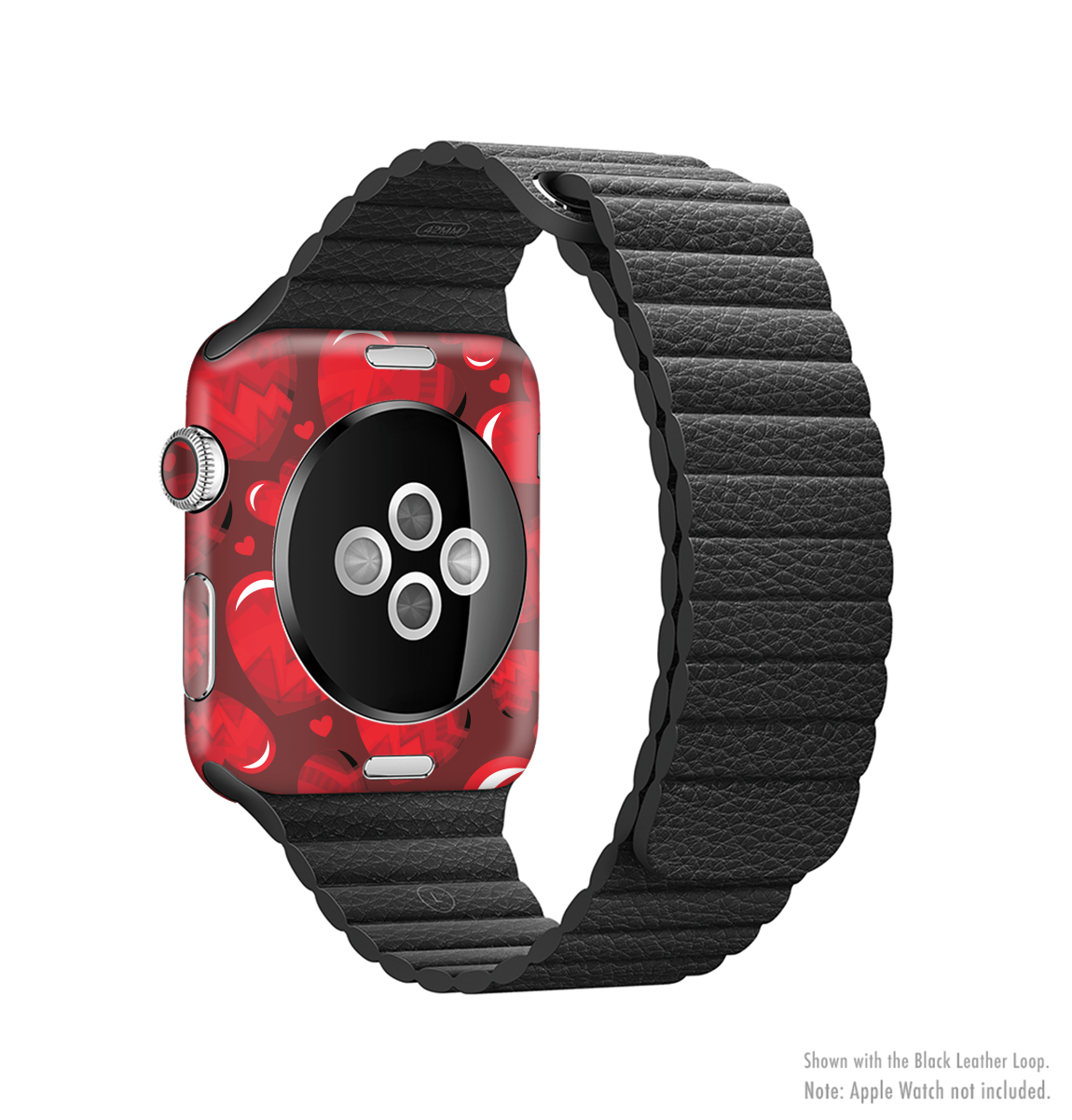 The Glossy Electric Hearts Full-Body Skin Kit for Apple Watch showcasing vibrant heart designs on a sleek vinyl surface.