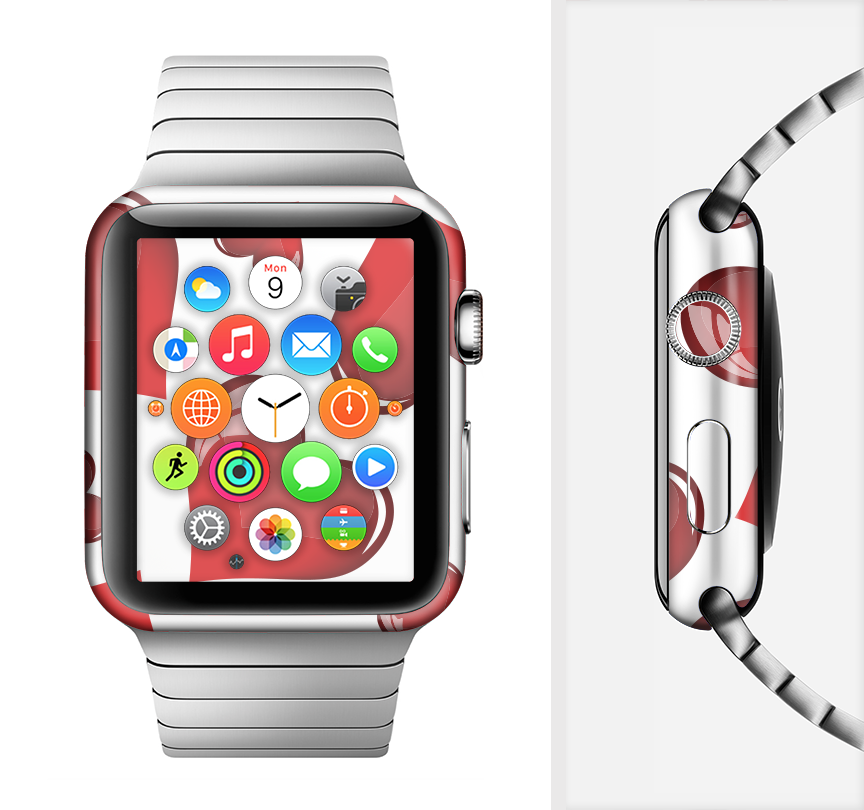 Glossy Red 3D Love Hearts Full-Body Skin Kit for Apple Watch, showcasing vibrant design and premium vinyl material.
