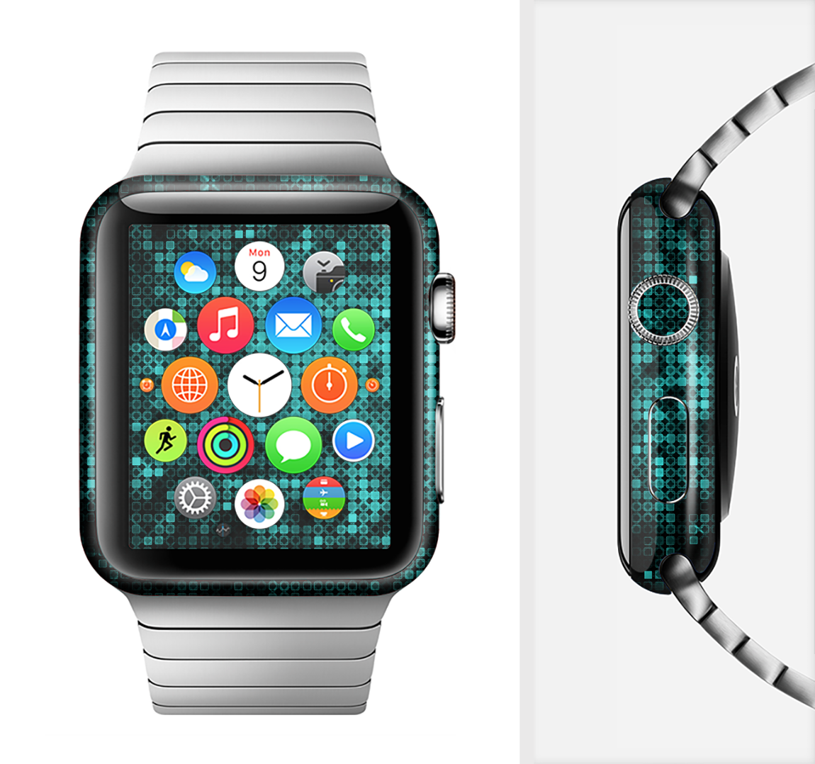 Glowing Digital Green Dots Full-Body Skin Kit for Apple Watch, showcasing vibrant green dots on a sleek vinyl surface.