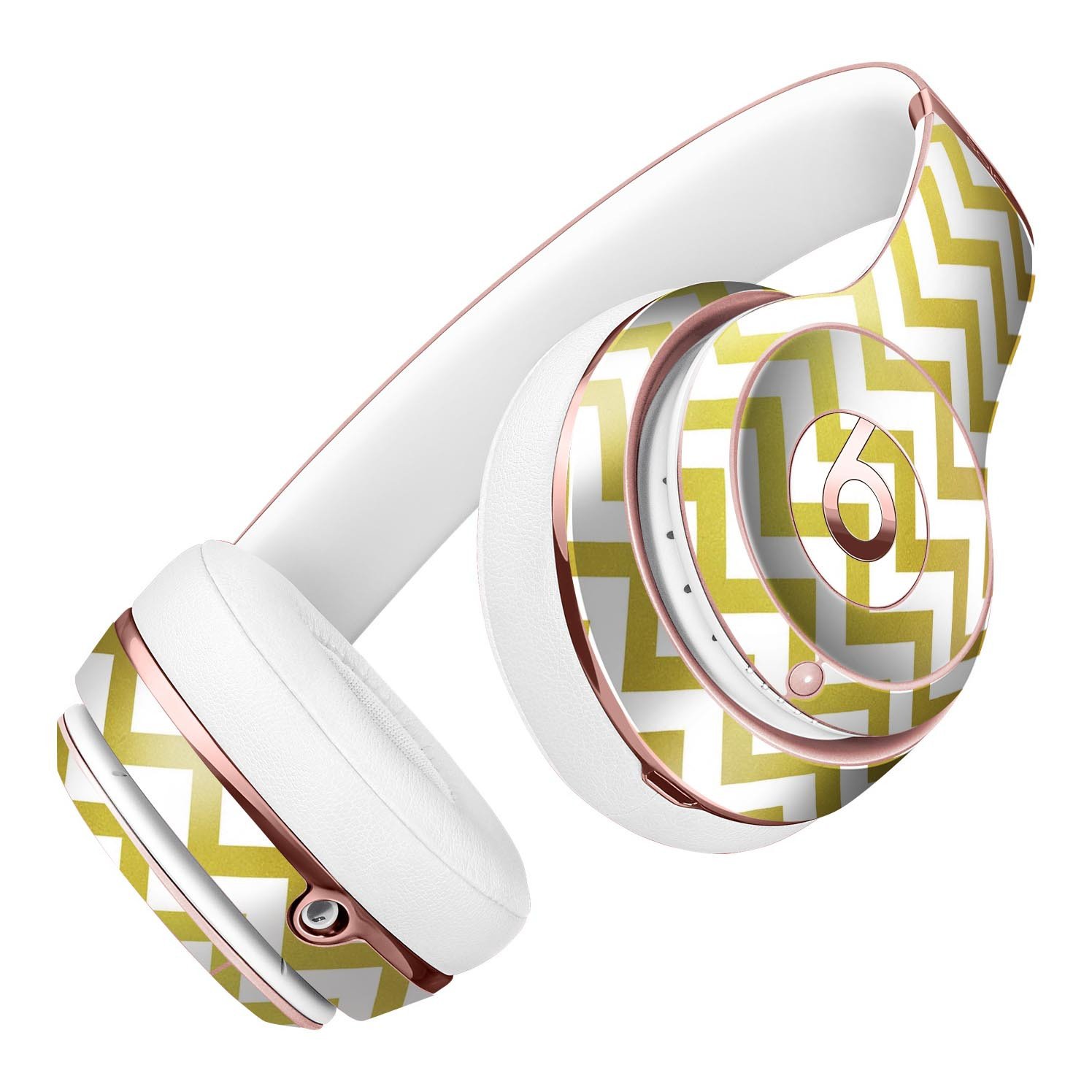 Gold and white chevron pattern skin kit for Beats by Dre Solo 3 Wireless Headphones, showcasing stylish design and premium vinyl material.