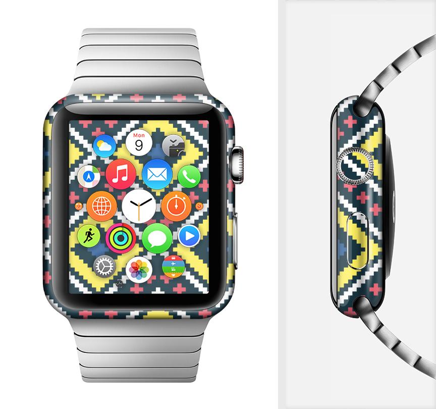 Gold and black vector plaid skin kit for Apple Watch, showcasing its stylish design and premium vinyl material.