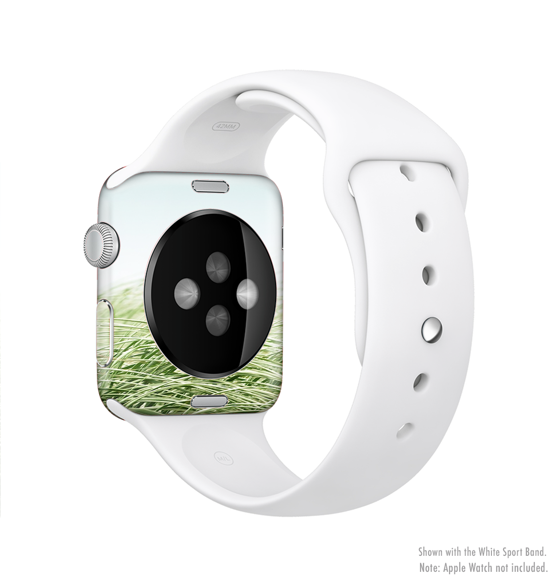 The Grassy Field Full-Body Skin Kit for Apple Watch featuring a vibrant grassy pattern, showcasing its sleek design and premium vinyl material.