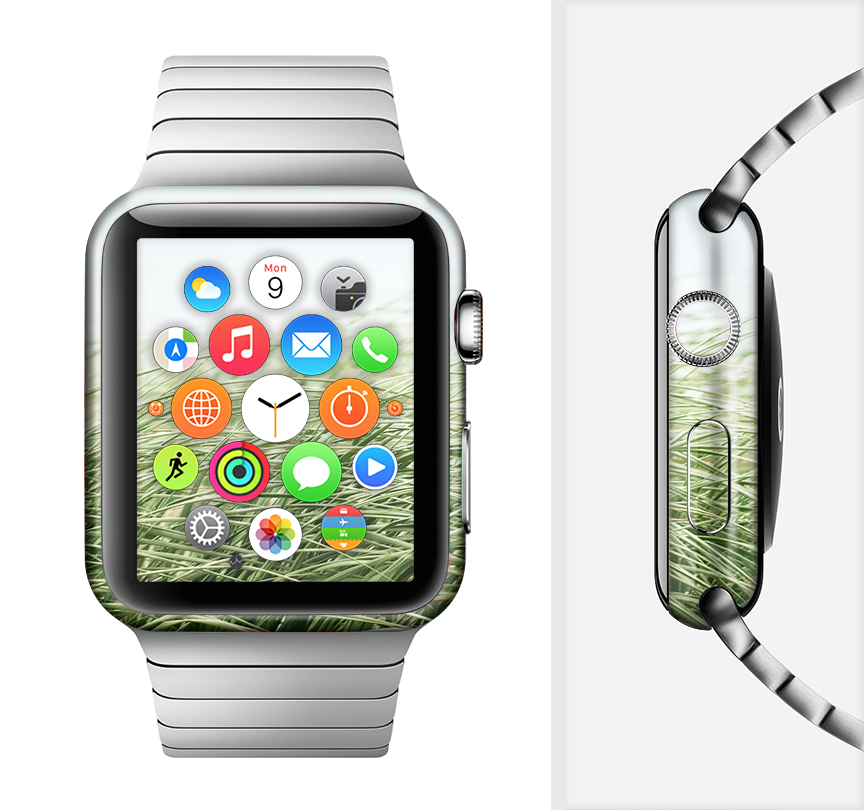 The Grassy Field Full-Body Skin Kit for Apple Watch featuring a vibrant grassy pattern, showcasing its sleek design and premium vinyl material.