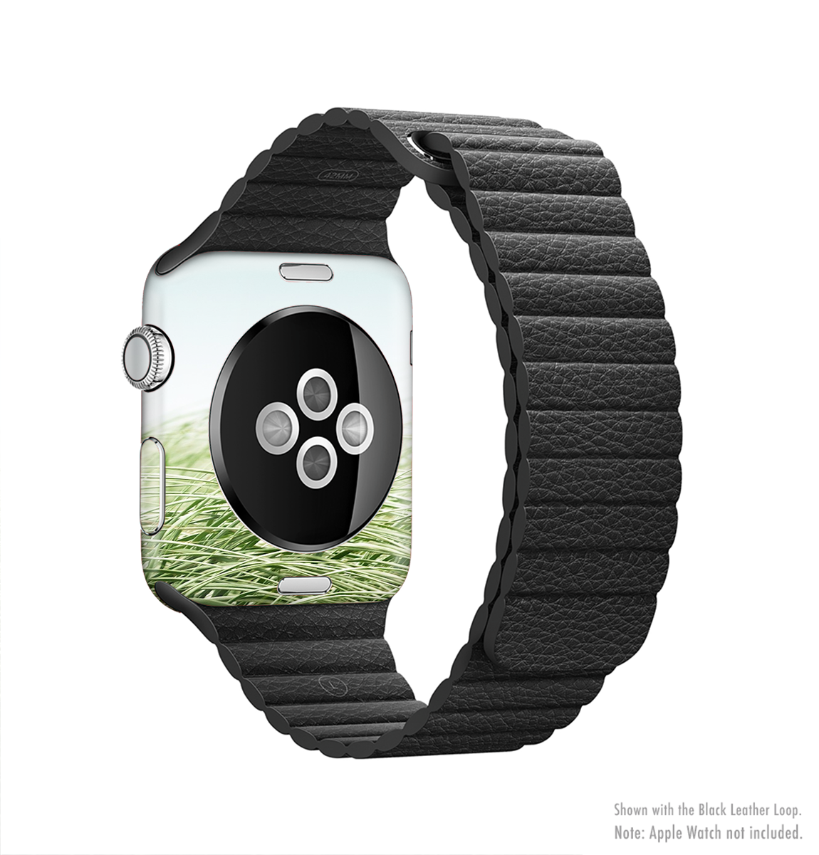 The Grassy Field Full-Body Skin Kit for Apple Watch featuring a vibrant grassy pattern, showcasing its sleek design and premium vinyl material.