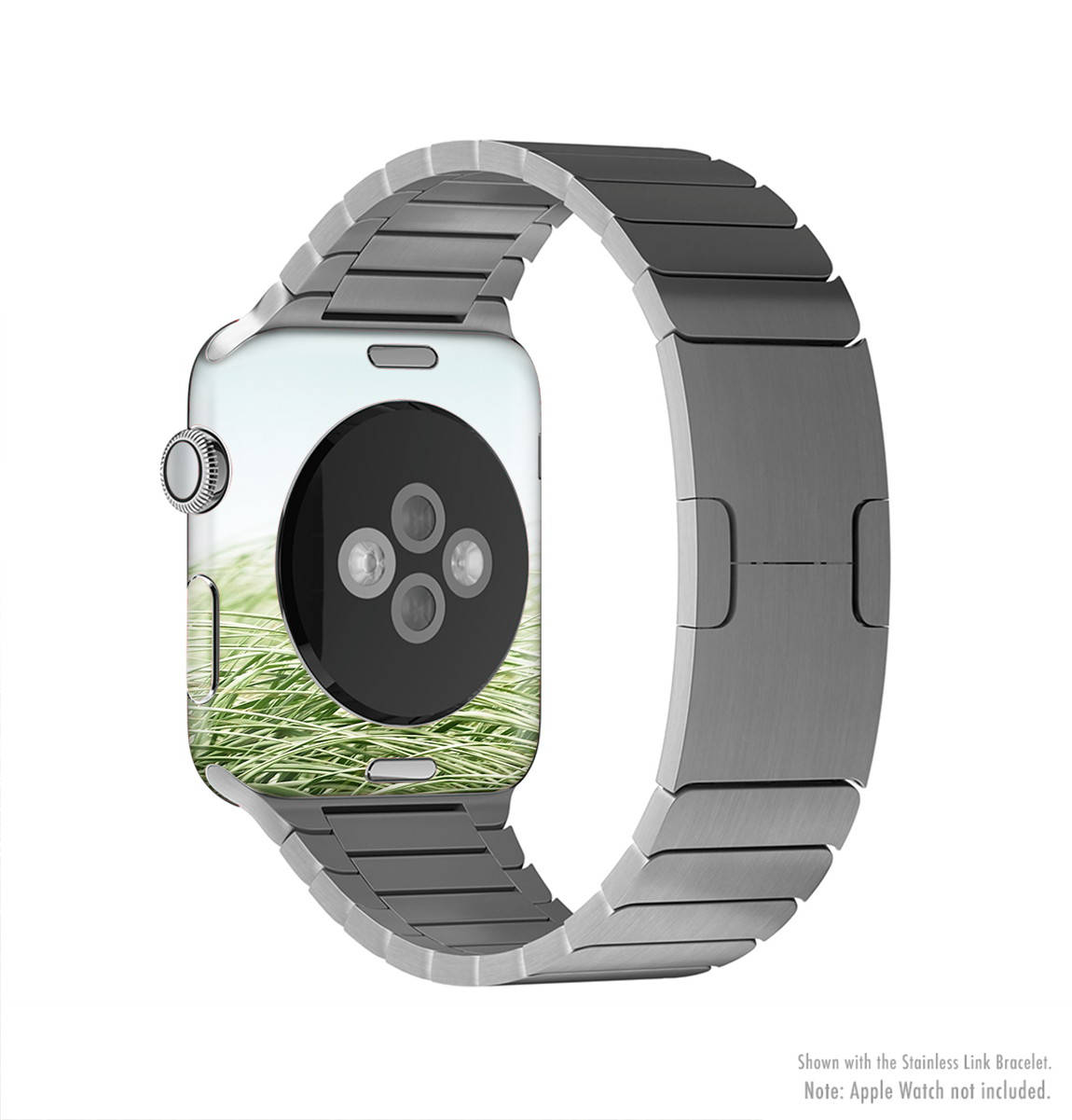 The Grassy Field Full-Body Skin Kit for Apple Watch featuring a vibrant grassy pattern, showcasing its sleek design and premium vinyl material.