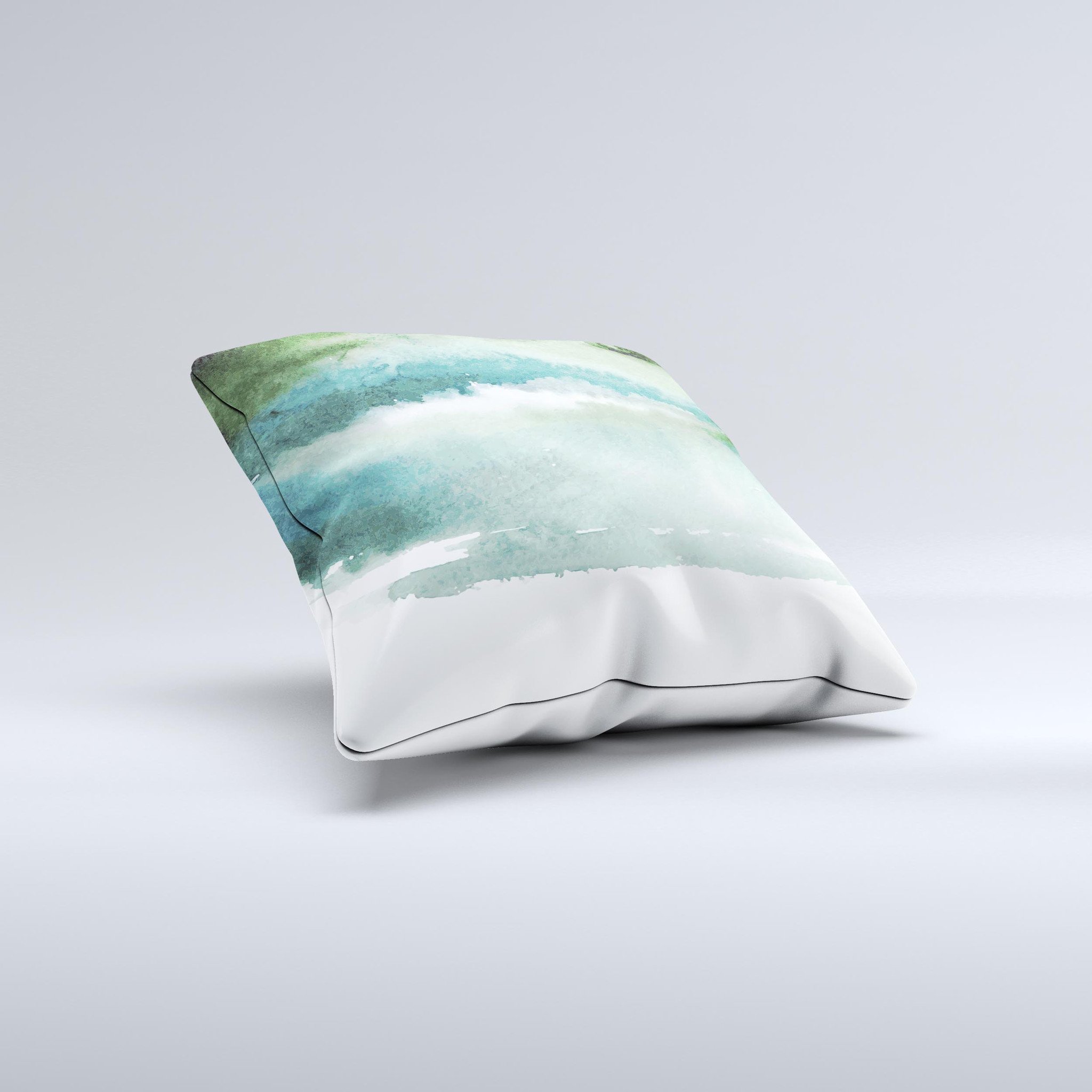 A decorative throw pillow featuring greenish watercolor strokes, handcrafted in Virginia, showcasing unique artistic design.