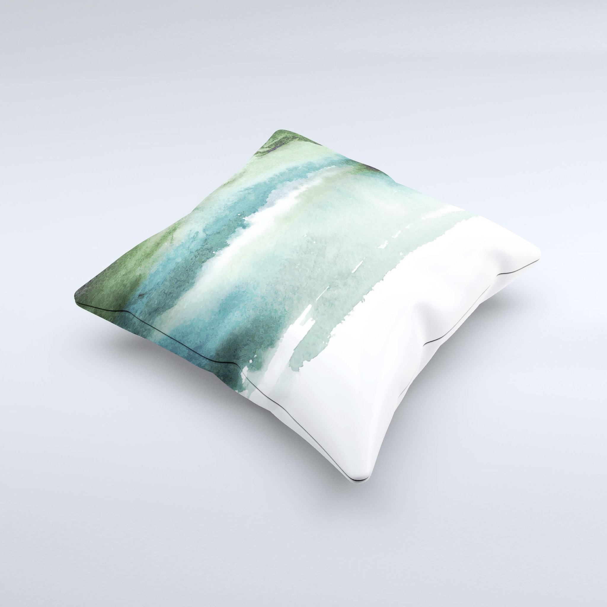 A decorative throw pillow featuring greenish watercolor strokes, handcrafted in Virginia, showcasing unique artistic design.