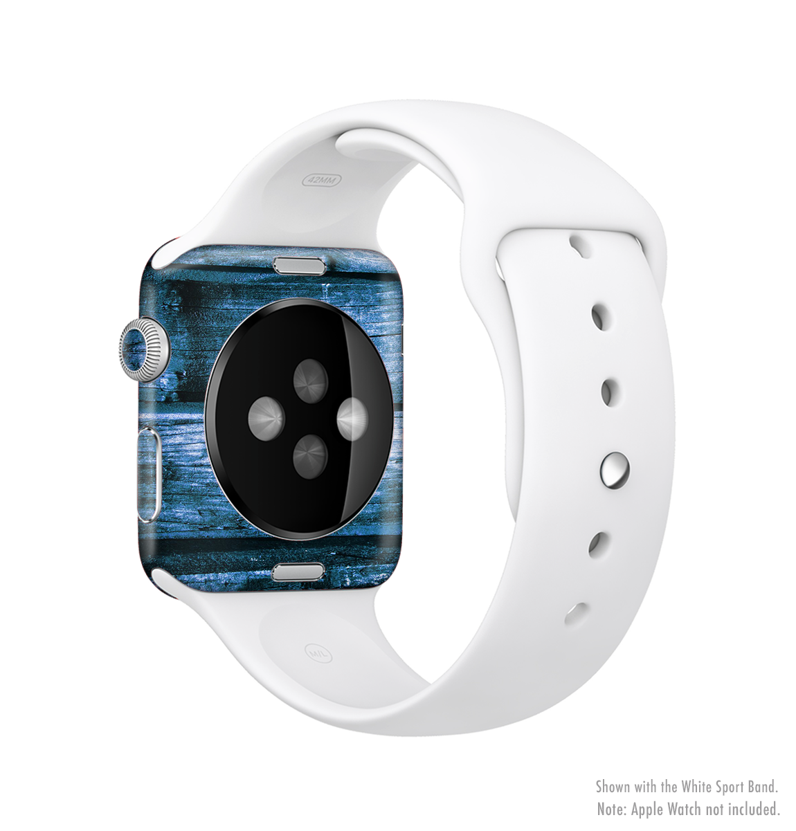 Grunge Blue Wood Planks Full-Body Skin Kit for Apple Watch, showcasing a stylish wood design that fits seamlessly on the device.