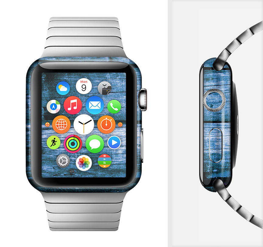 Grunge Blue Wood Planks Full-Body Skin Kit for Apple Watch, showcasing a stylish wood design that fits seamlessly on the device.