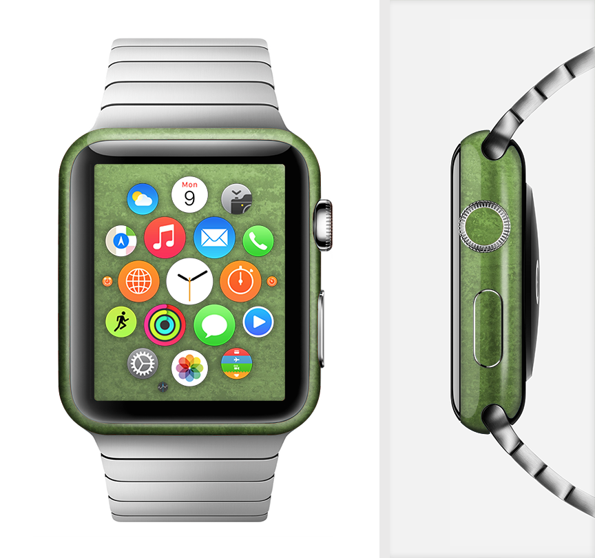 Grungy green full-body skin kit for Apple Watch, showcasing a stylish design and premium vinyl material.