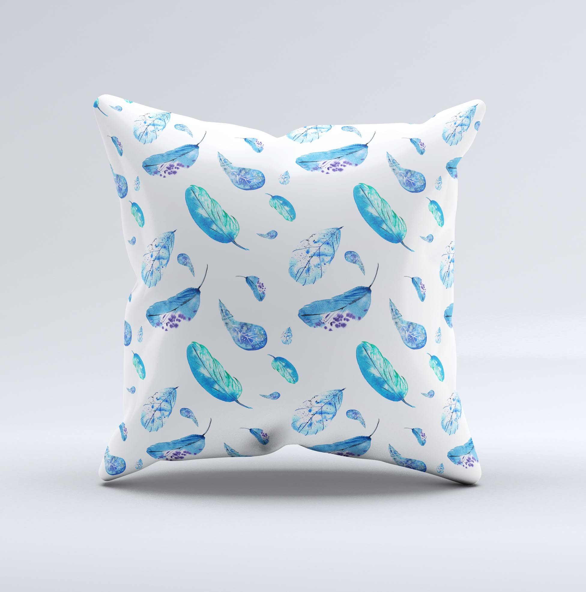 A decorative throw pillow featuring a hipster feather pattern, showcasing vibrant colors and a unique handmade design.