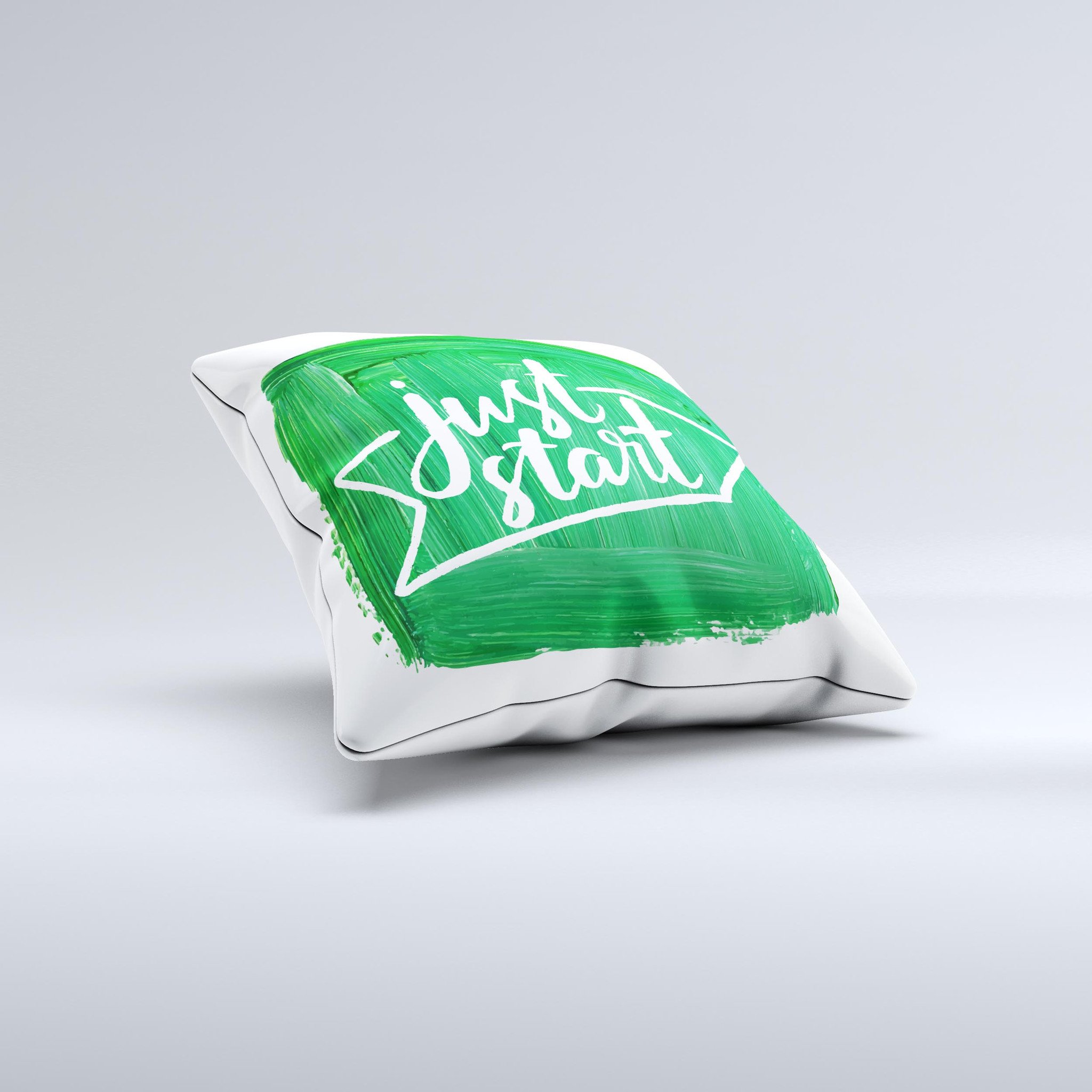 A vibrant green decorative throw pillow with ink-fuzed design, showcasing unique handmade quality and high thread count fabric.