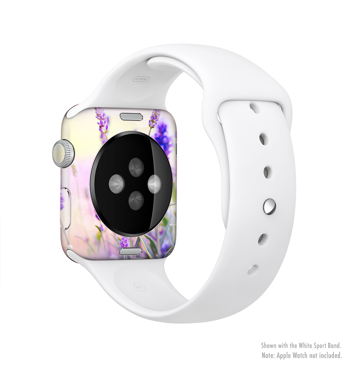 The Lavender Flower Bed Full-Body Skin Kit for Apple Watch, featuring a vibrant floral design that wraps around the device for protection and style.
