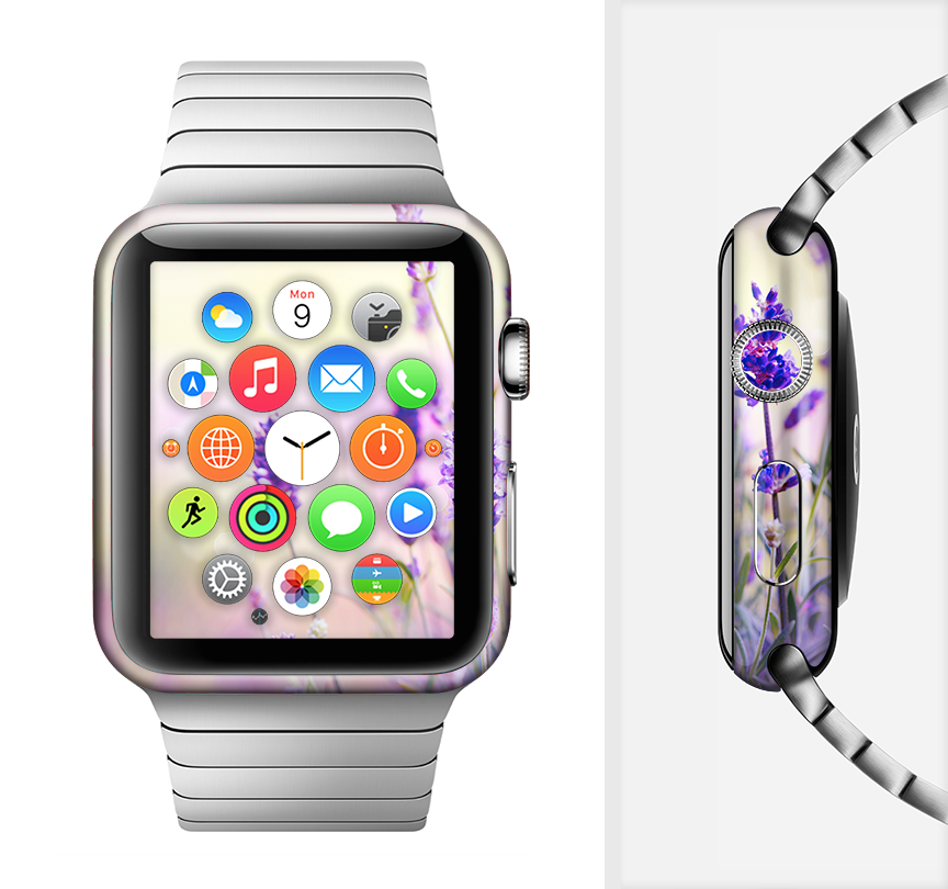 The Lavender Flower Bed Full-Body Skin Kit for Apple Watch, featuring a vibrant floral design that wraps around the device for protection and style.