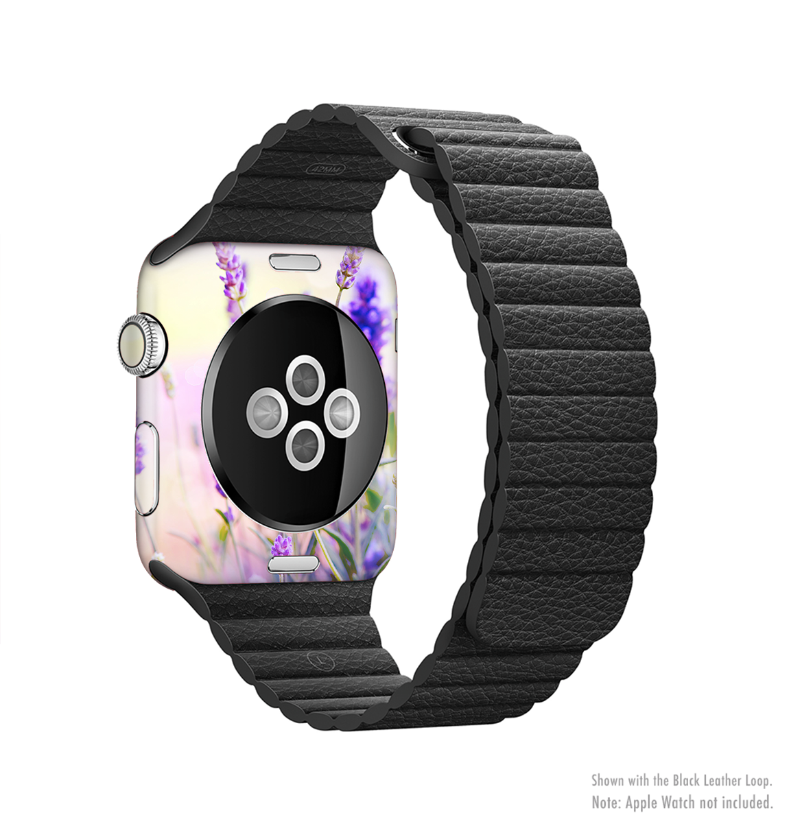 The Lavender Flower Bed Full-Body Skin Kit for Apple Watch, featuring a vibrant floral design that wraps around the device for protection and style.